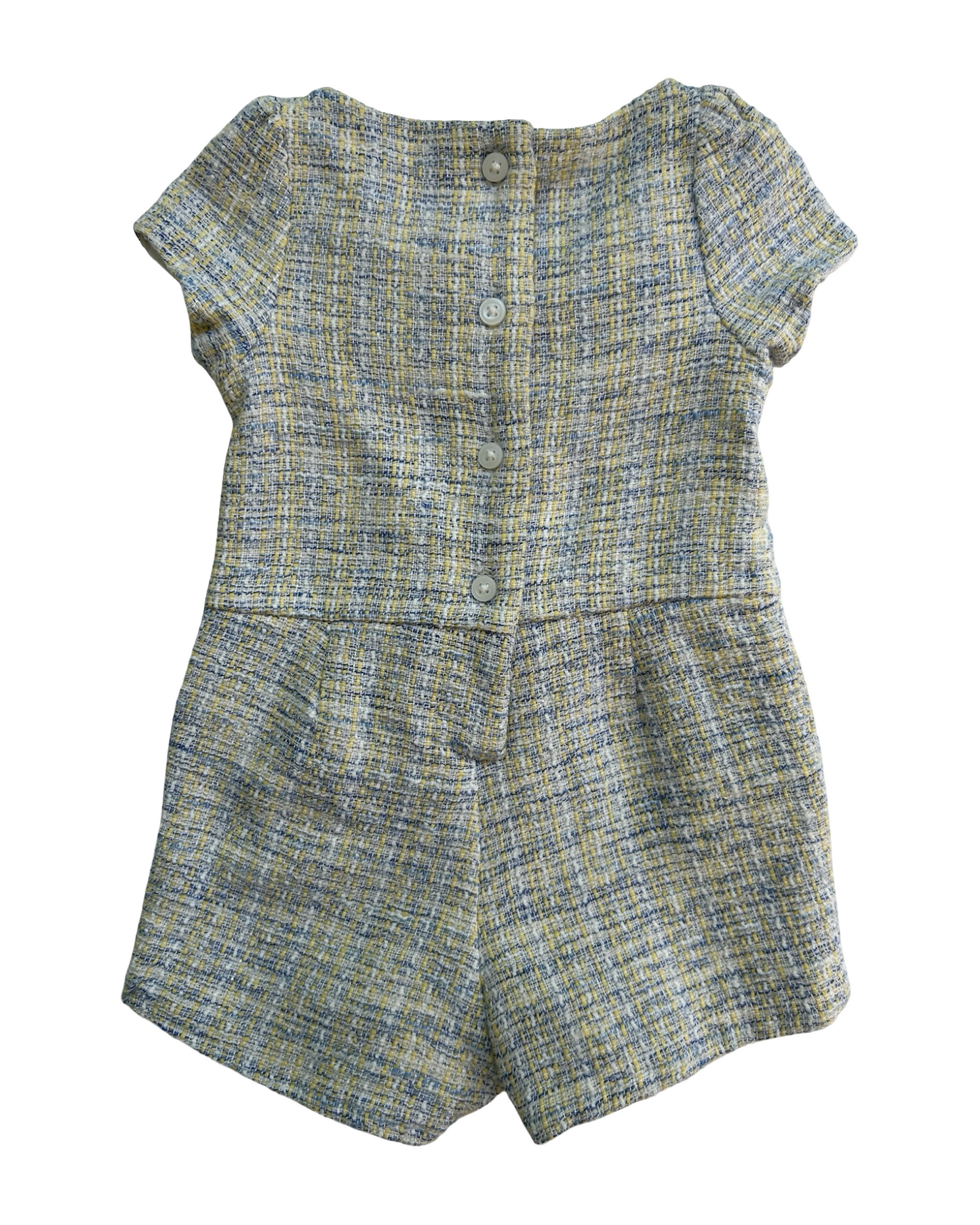 3M-6M Baby Girls Janie & Jack Ruffle Front Blue And Yellow Tweed Romper