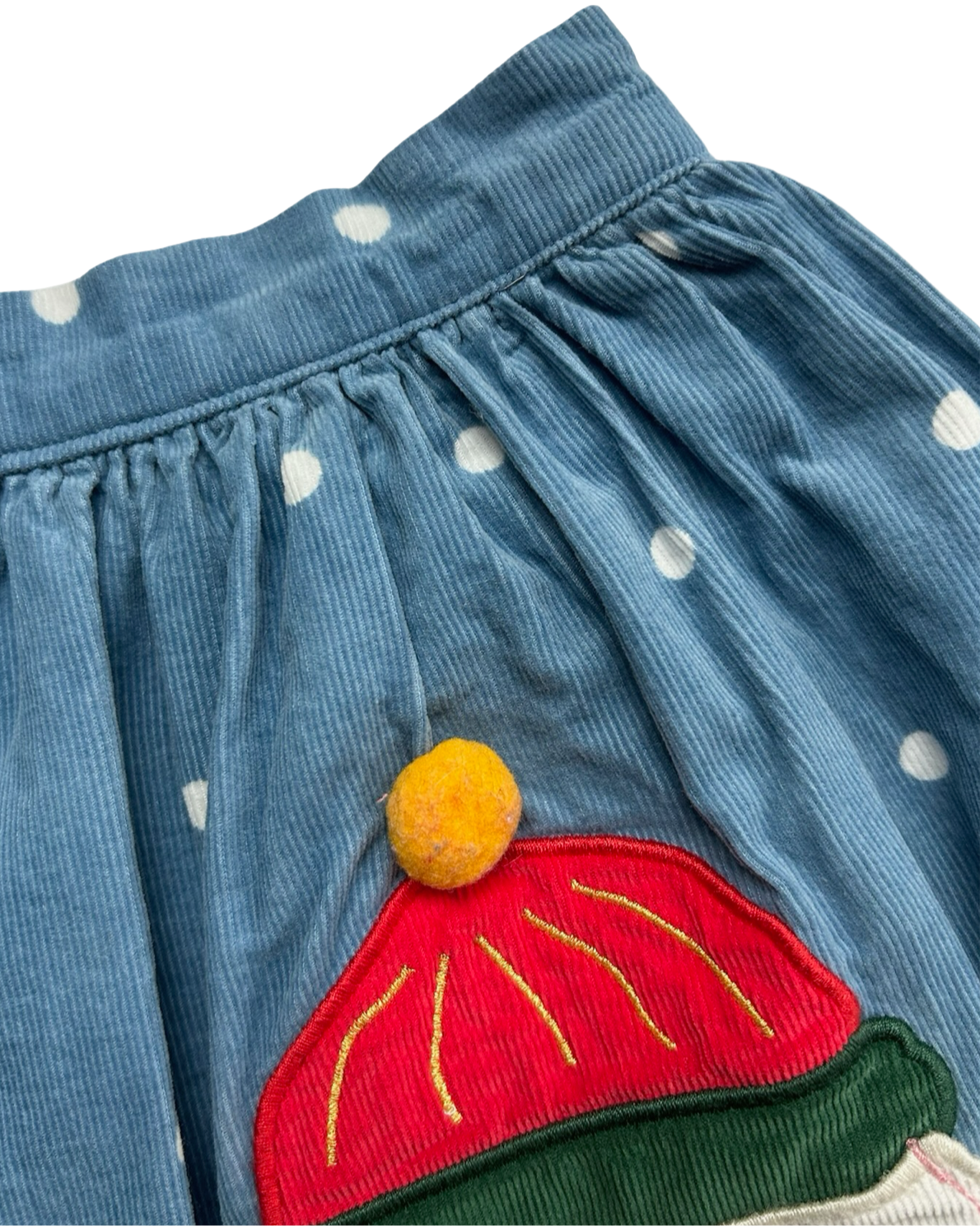 7Y-8Y Youth Girls Mini Boden Blue Polka Dot Corduroy Novelty Snowman Skirt Pockets Pom Pom.