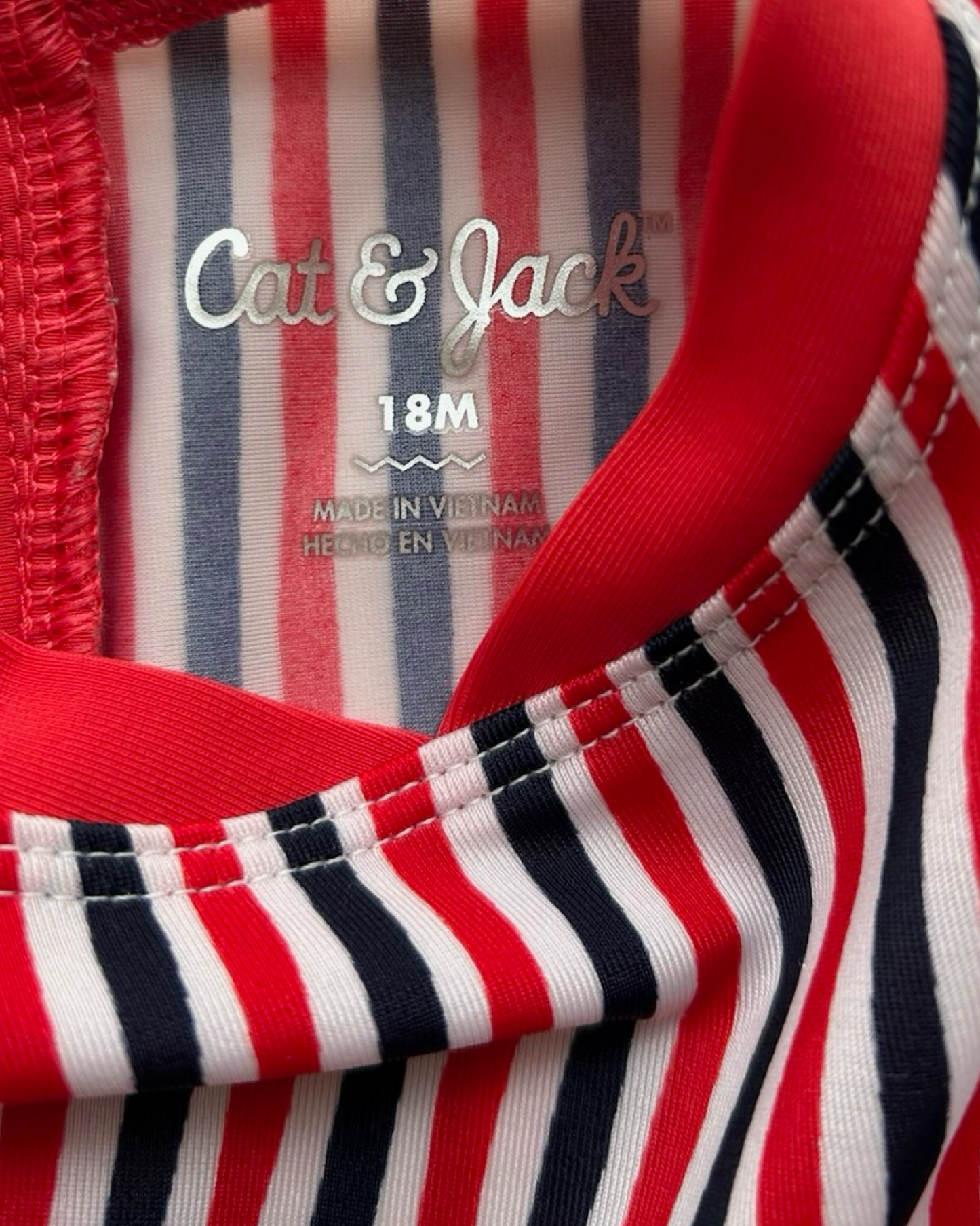 18M Baby Girls Cat & Jack Long Sleeve Ruffle Zip Snap Striped Swimsuit One Piece.