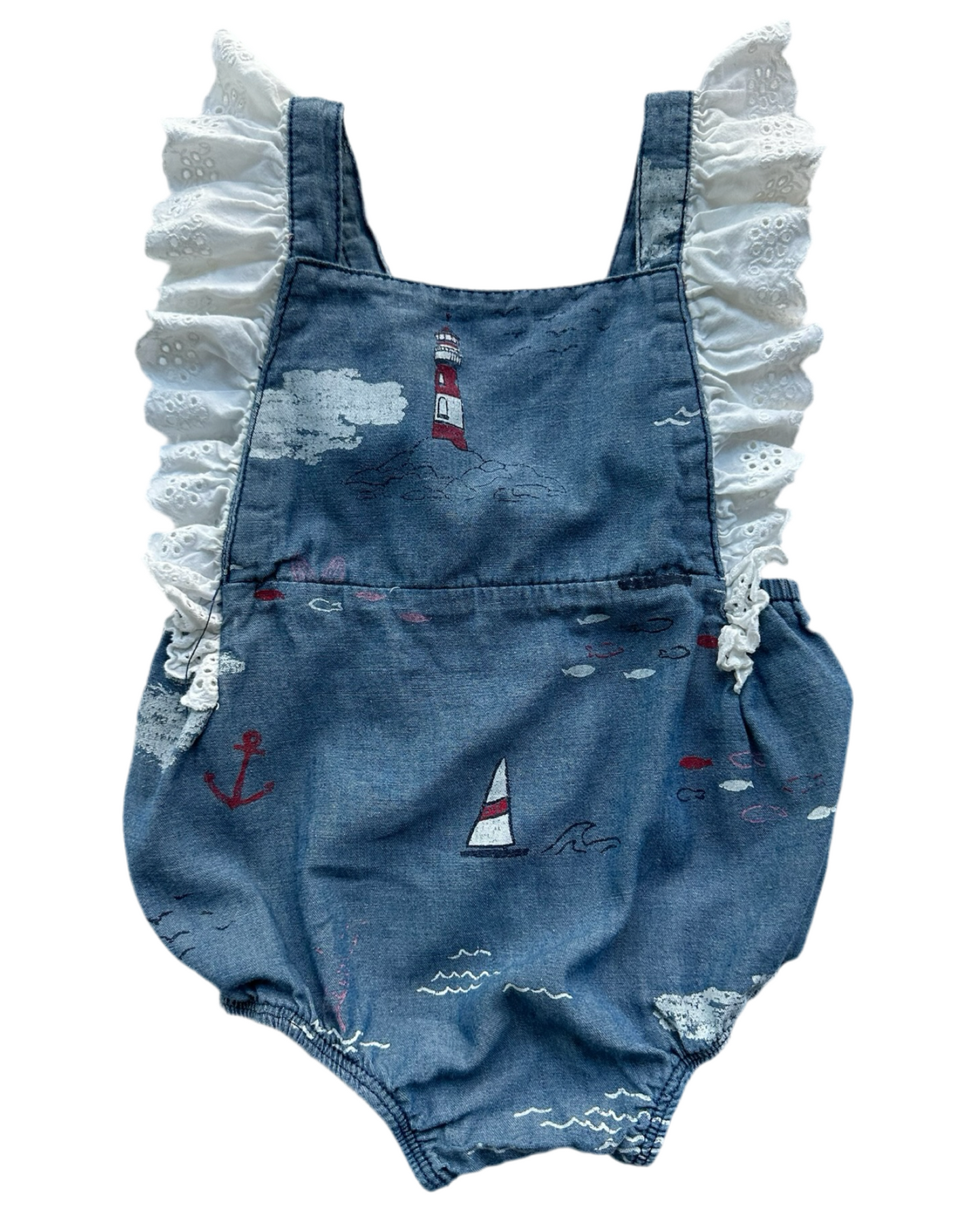 9M-12M Baby Girls MudPie Blue Chambray Lighthouse Nautical Lace Trim Romper.