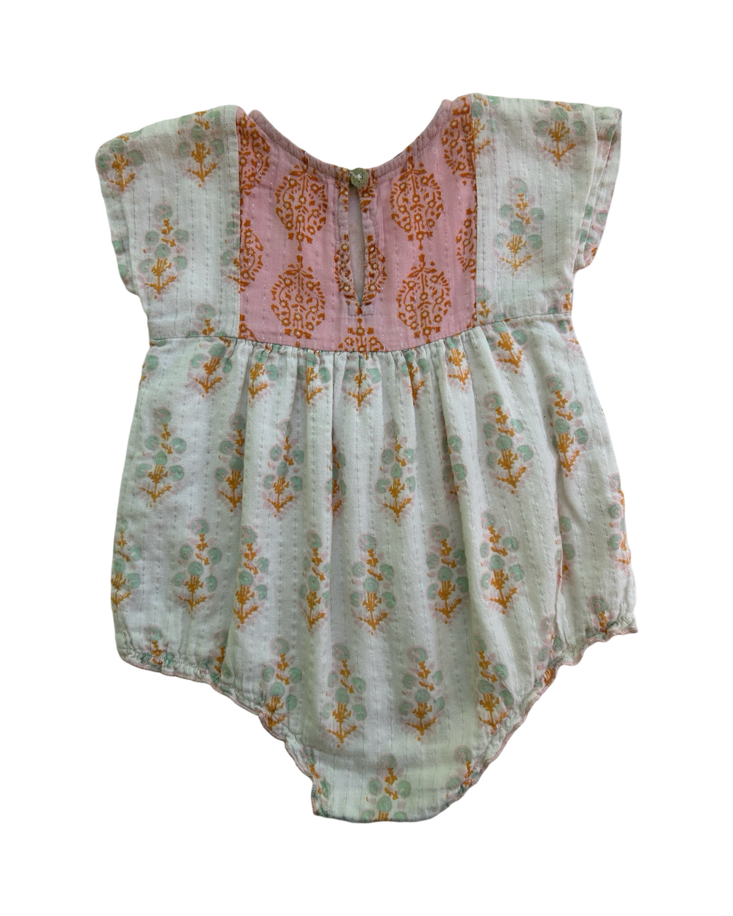 6M - 12M Baby Girls Pink Chicken Linen Bohemian Bubble Romper