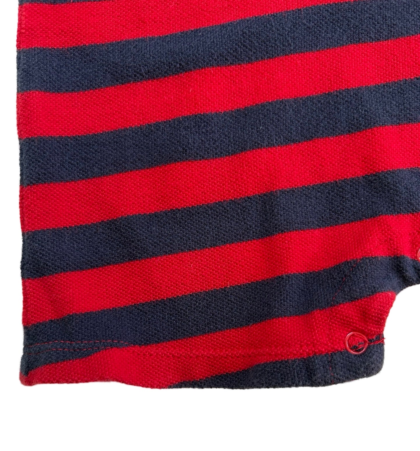 6M-9M Baby Boy Mudpie Romper Blue / Red Striped Cotton Knit Puppy Dog Appliqué Short Romper.