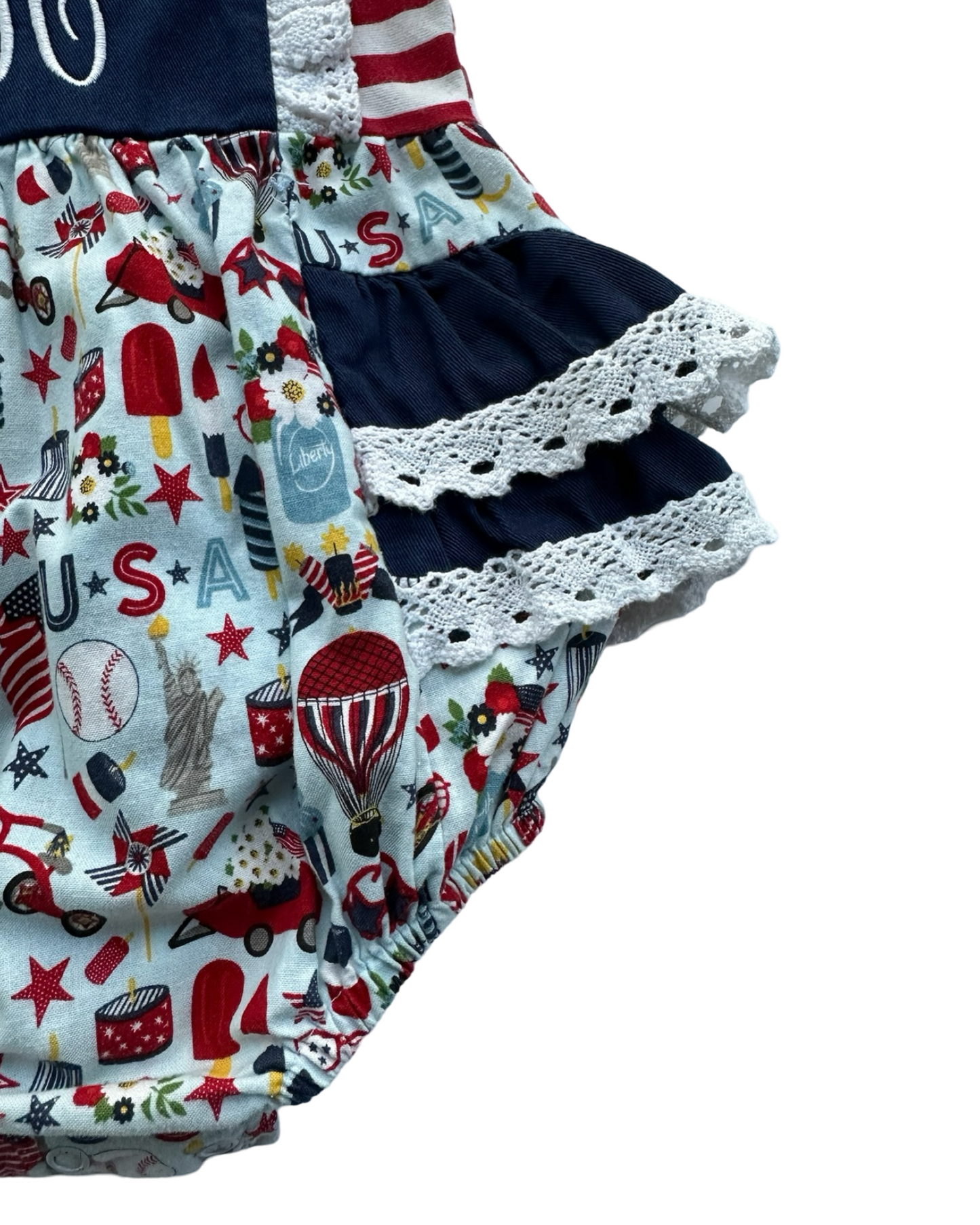 12M Baby Girl Patriotic American Ric Rac & Ruffles Bubble with Monogramed "A"