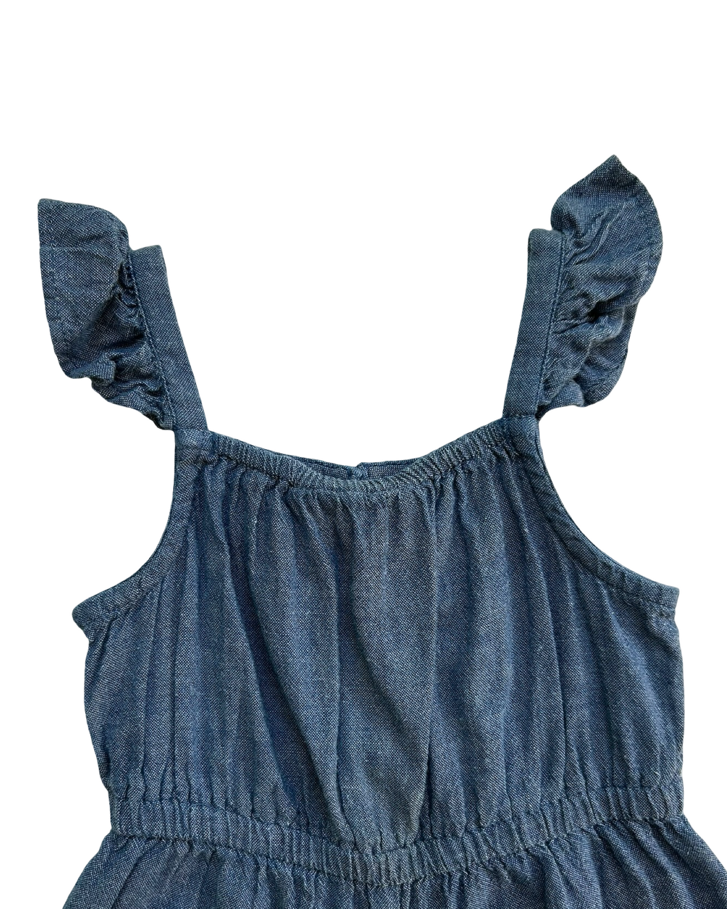2T Toddlers Girls Baby Gap Embroidered Flowers Trim Lace Scallop Ruffle Chambray Romper