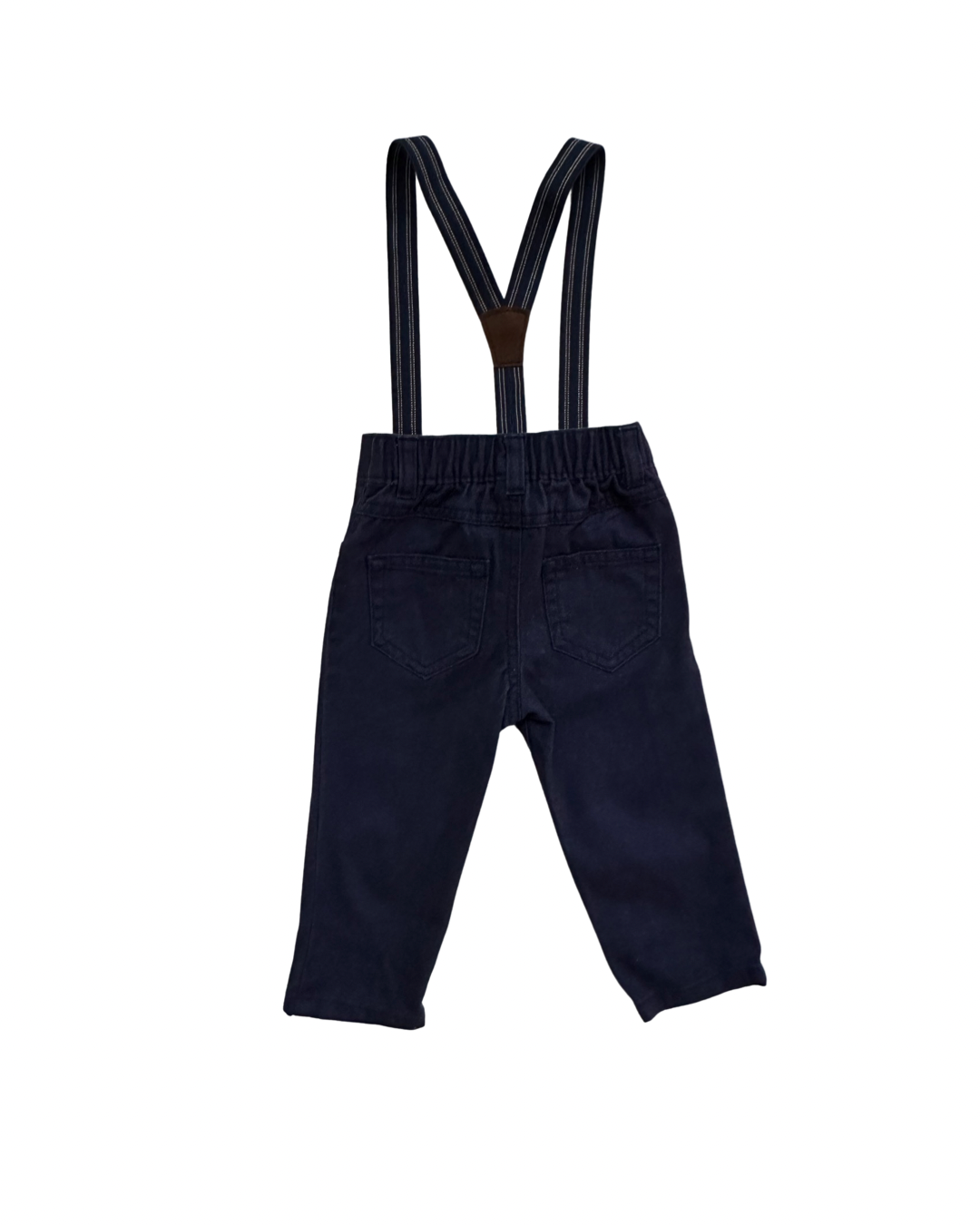 9M Baby Boy Navy Gingham Button Up w/ Navy Suspender Pants