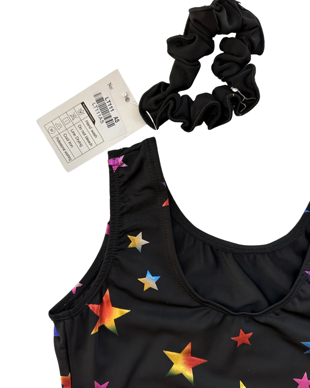 Youth Girls Size 12Y /14Y Black Dance / Gymnastics Leotard with Shimmer Iridescent Stars and Matching Scrunchie