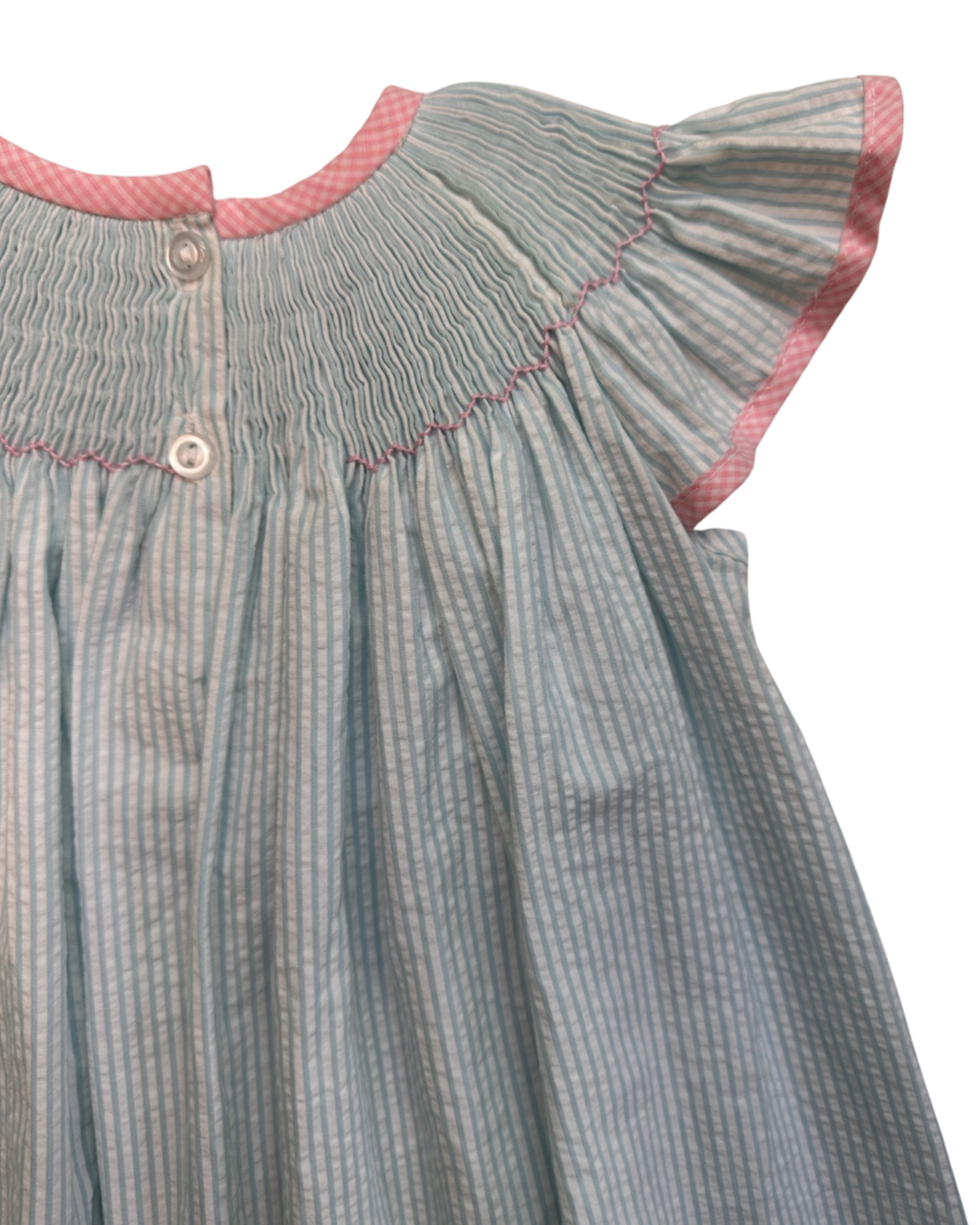 12M Baby Girl Blue / Pink Classic Whimsy Smocked Bunny Bum Flutter Sleeve Dress
