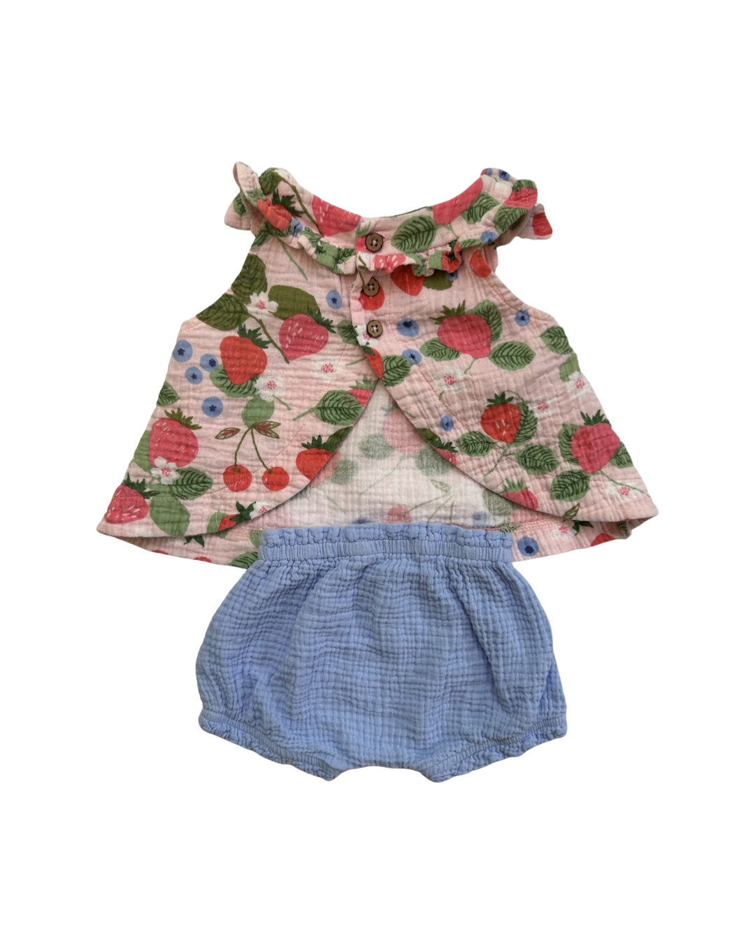 3-6M Baby Girl Mud Pie Muslin Strawberry Swing Pinafore Top and Matching Bloomers