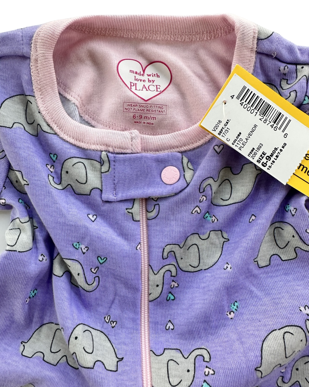 6-9M Baby Girl The Children’s Place Purple Zippered Elephant PJs Sleeper