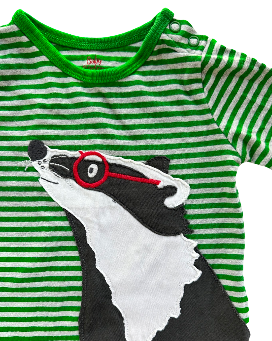 6M-12M Baby Boy Baby Boden Green Striped Badger Shirt