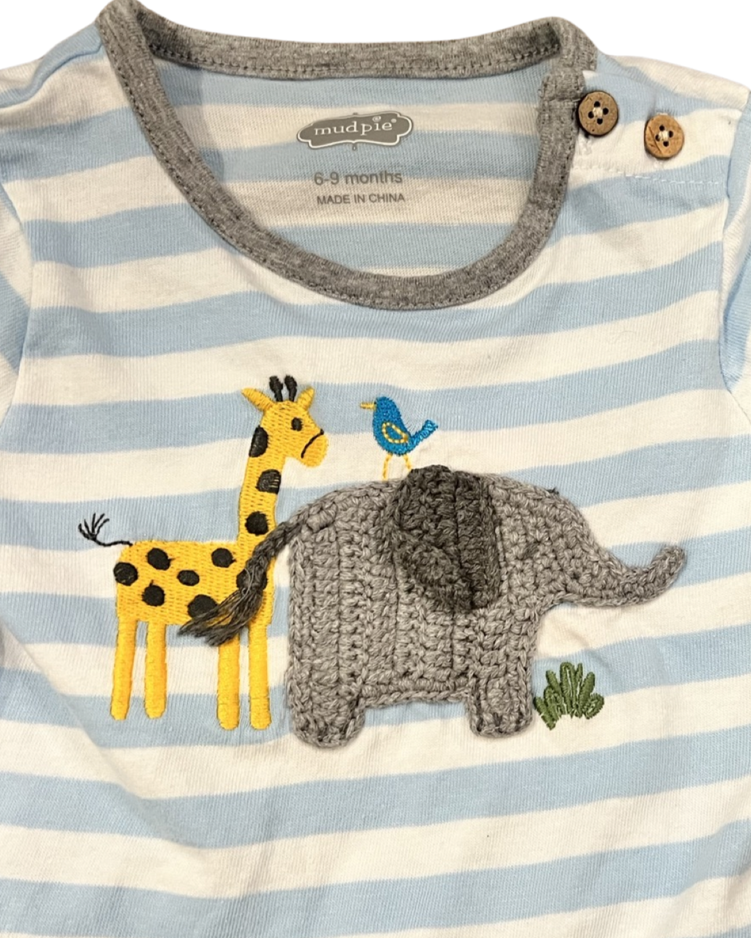 6-9M Baby Boy MudPie Elephant & Giraffe Blue Striped Top