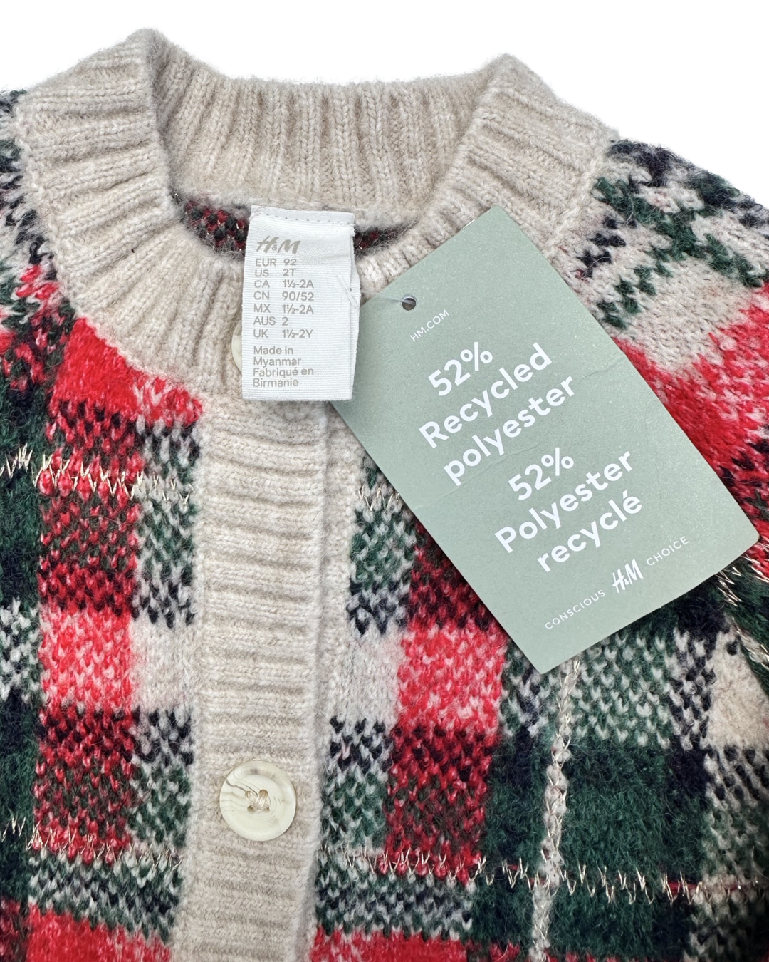 2T Toddler Girl H&M Red / Green Plaid Christmas Cardigan Sweater