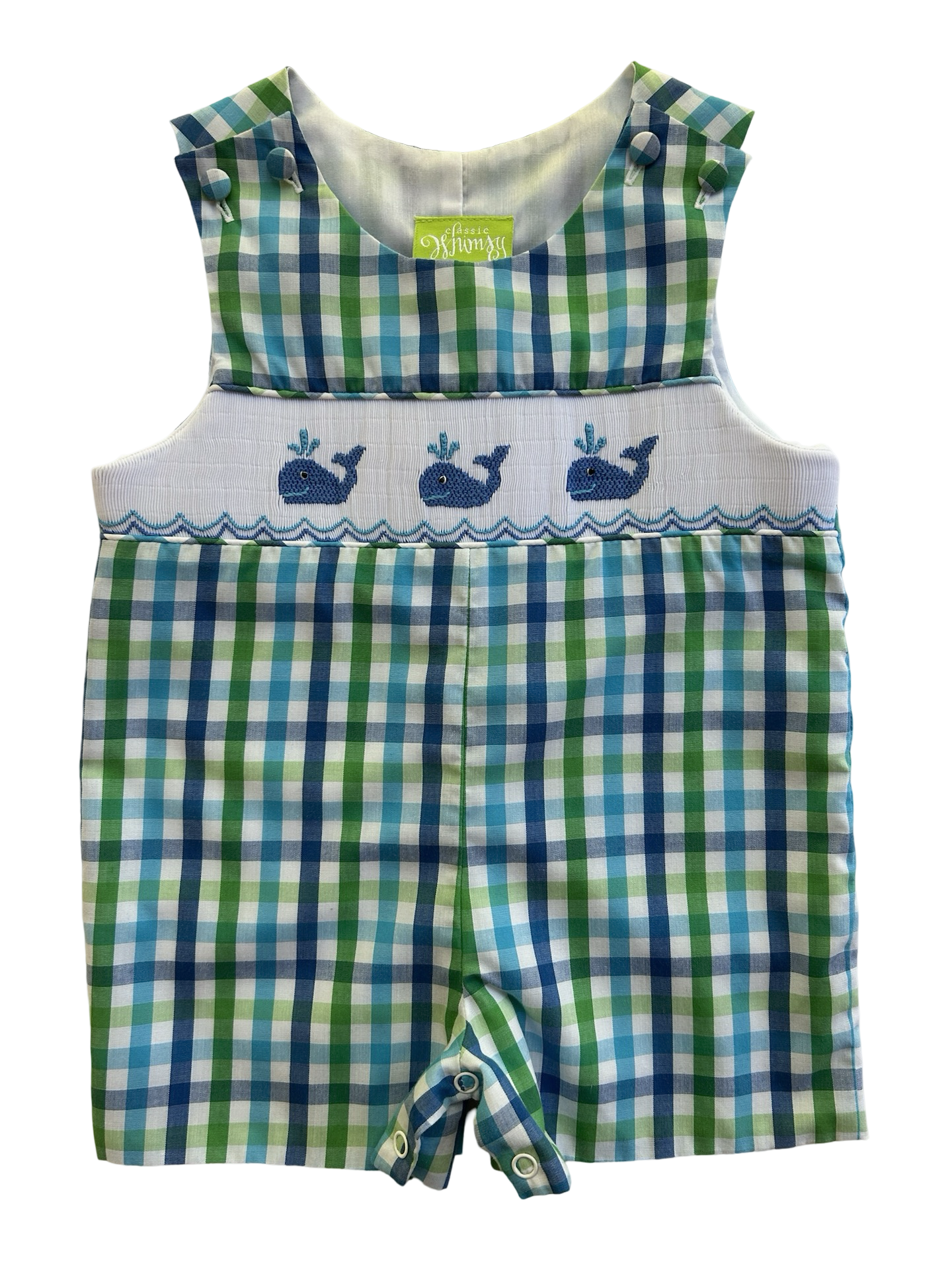 12M Baby Boy Classic Whimsy Blue & Green Gingham Whale Bubble Romper Jon Jon