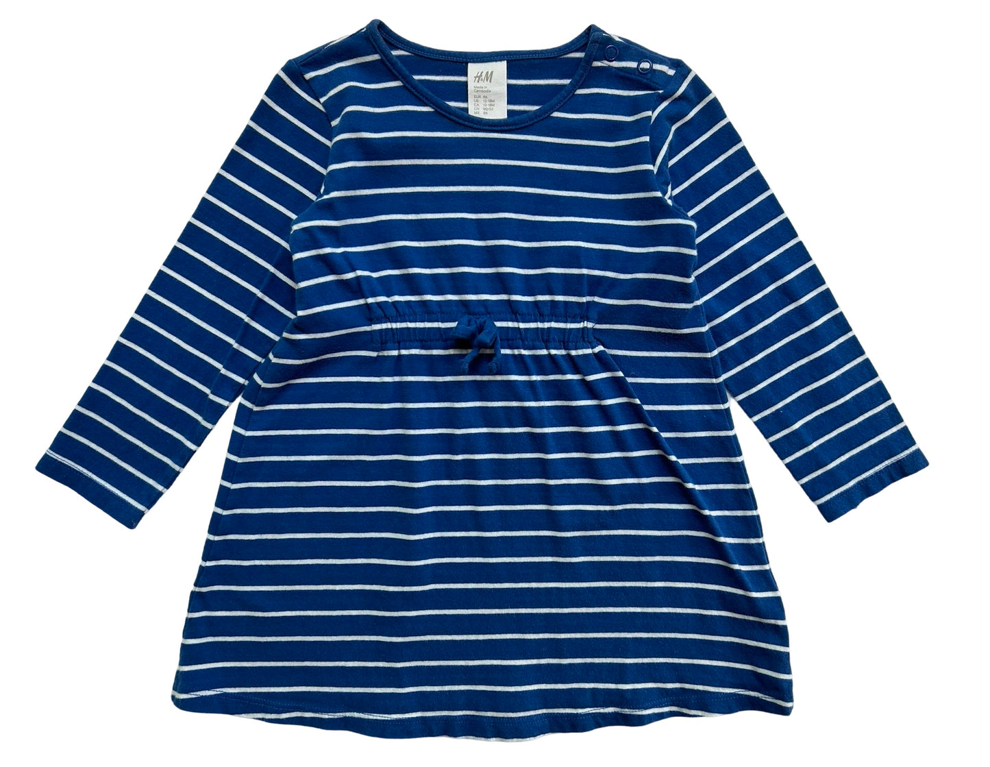 12M - 18M Baby Girls H&M Long Sleeved Blue/ White Striped Dress.