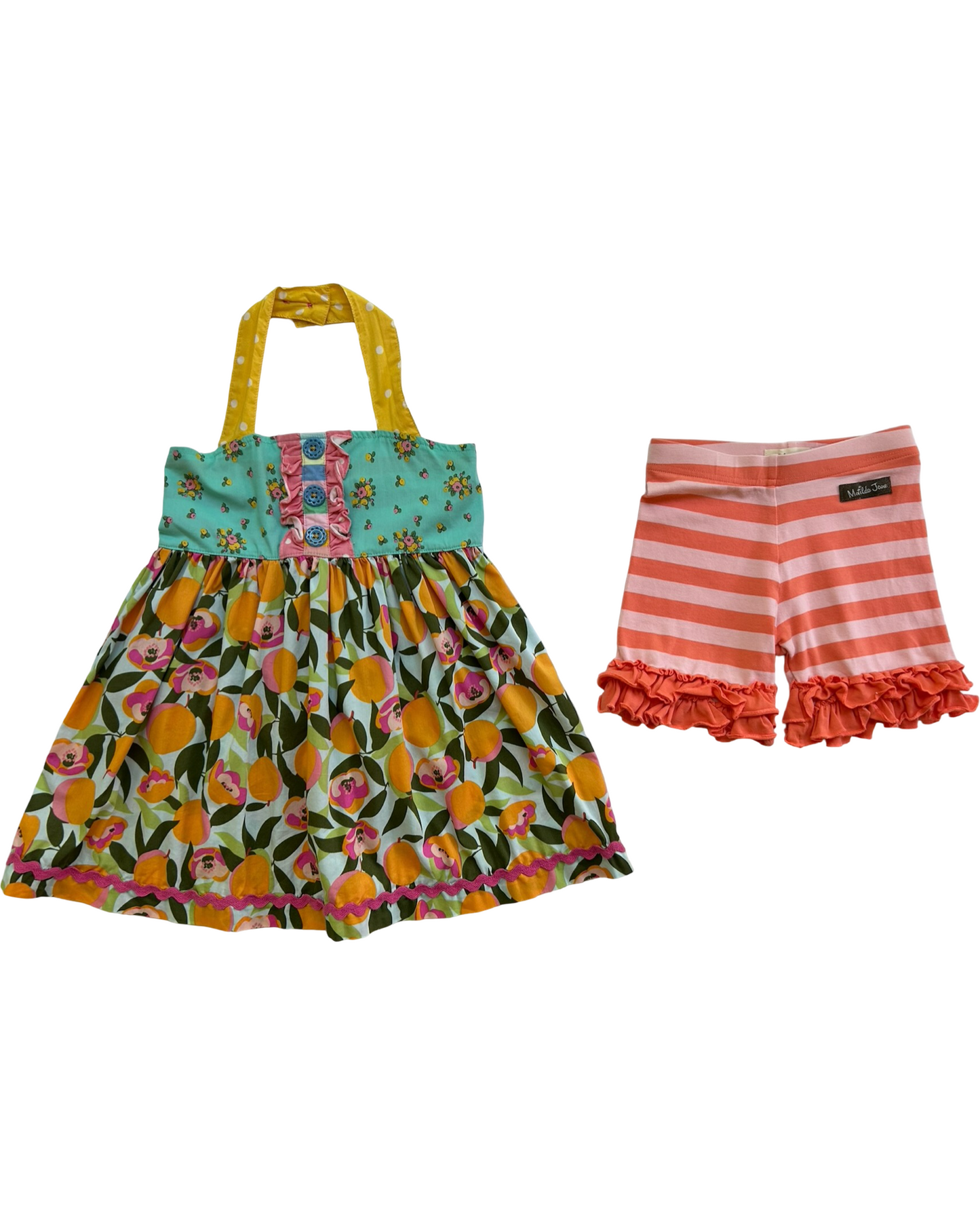 4T Toddler Girl Matilda Jane You’re A peach Halter Tunic Top And Stripe Ruffle Short 2 Piece Set.