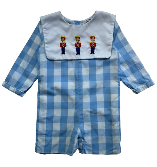 24M Baby Boys Blue Smocked Threads By Cecil & Lou Embroidered Soldiers Long Sleeve Romper.