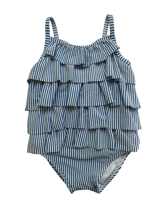 12M-18M Baby Girls Mini Boden Striped Seersucker Ruffle Swimsuit 🩱 One Piece