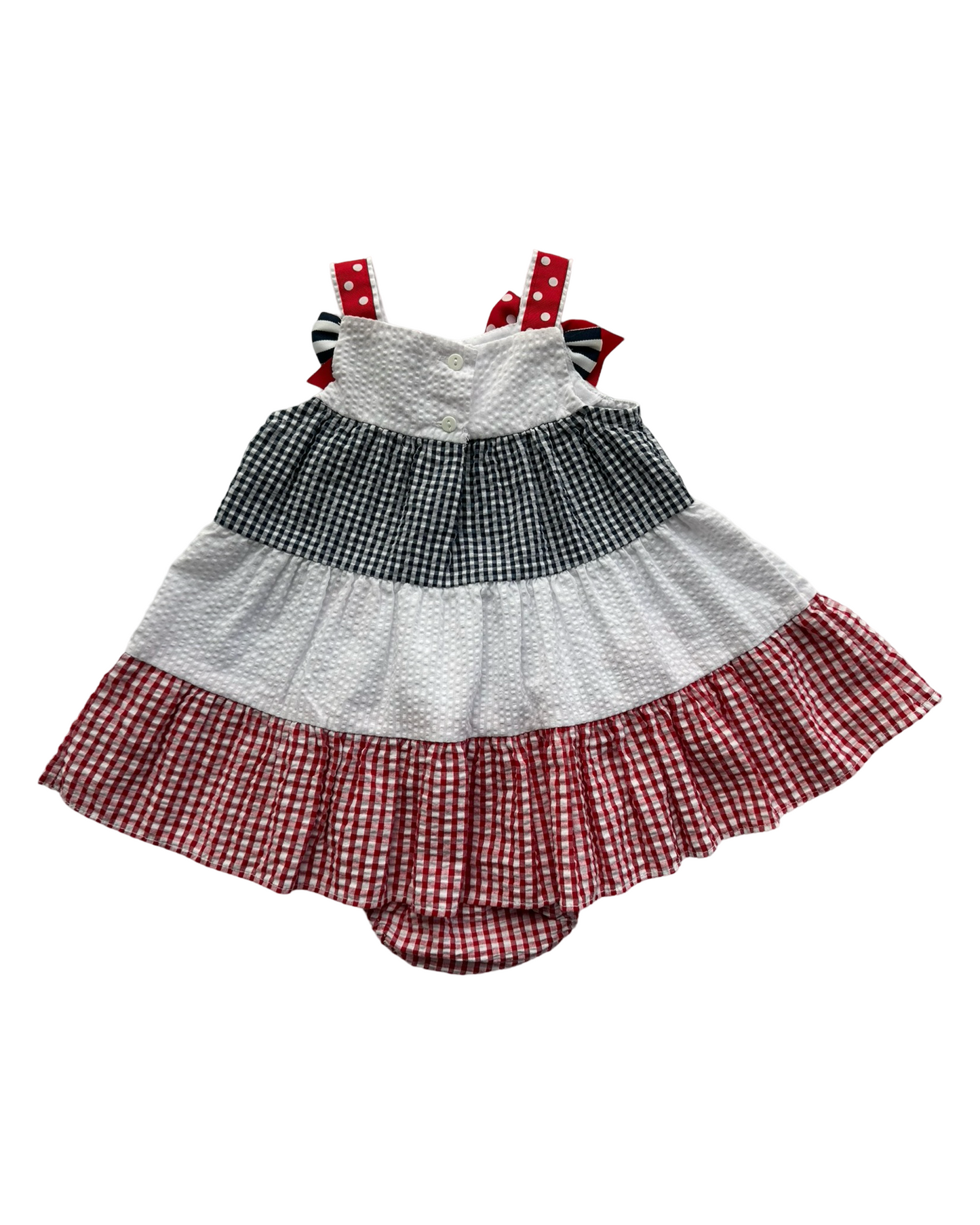 6-9M Baby Girl Red / White / Blue Seersucker Rare Editions American Butterfly Dress w/ Bloomers