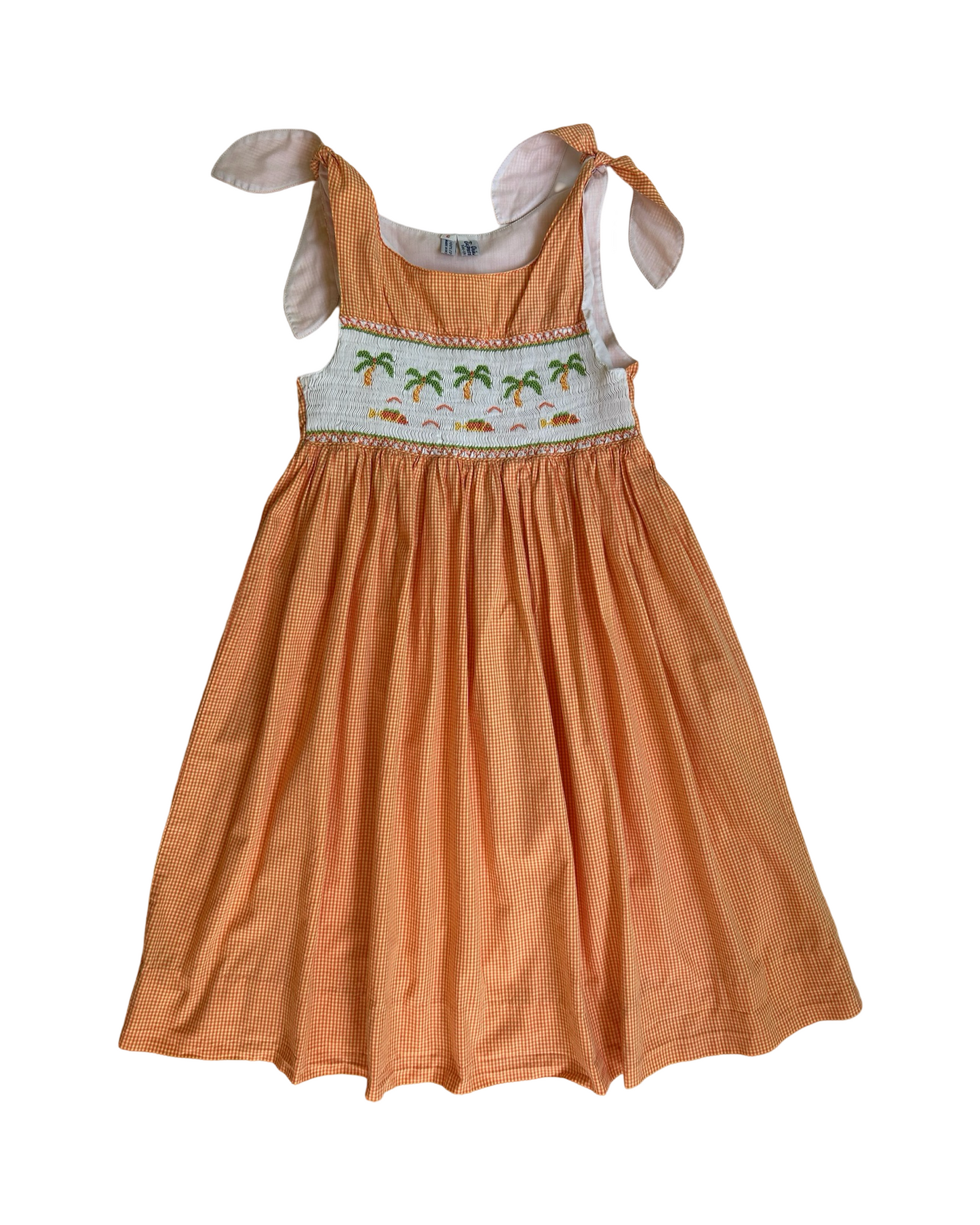 6 Toddlers Girls Orange Gingham Smocked Palm Trees Beach Dress.