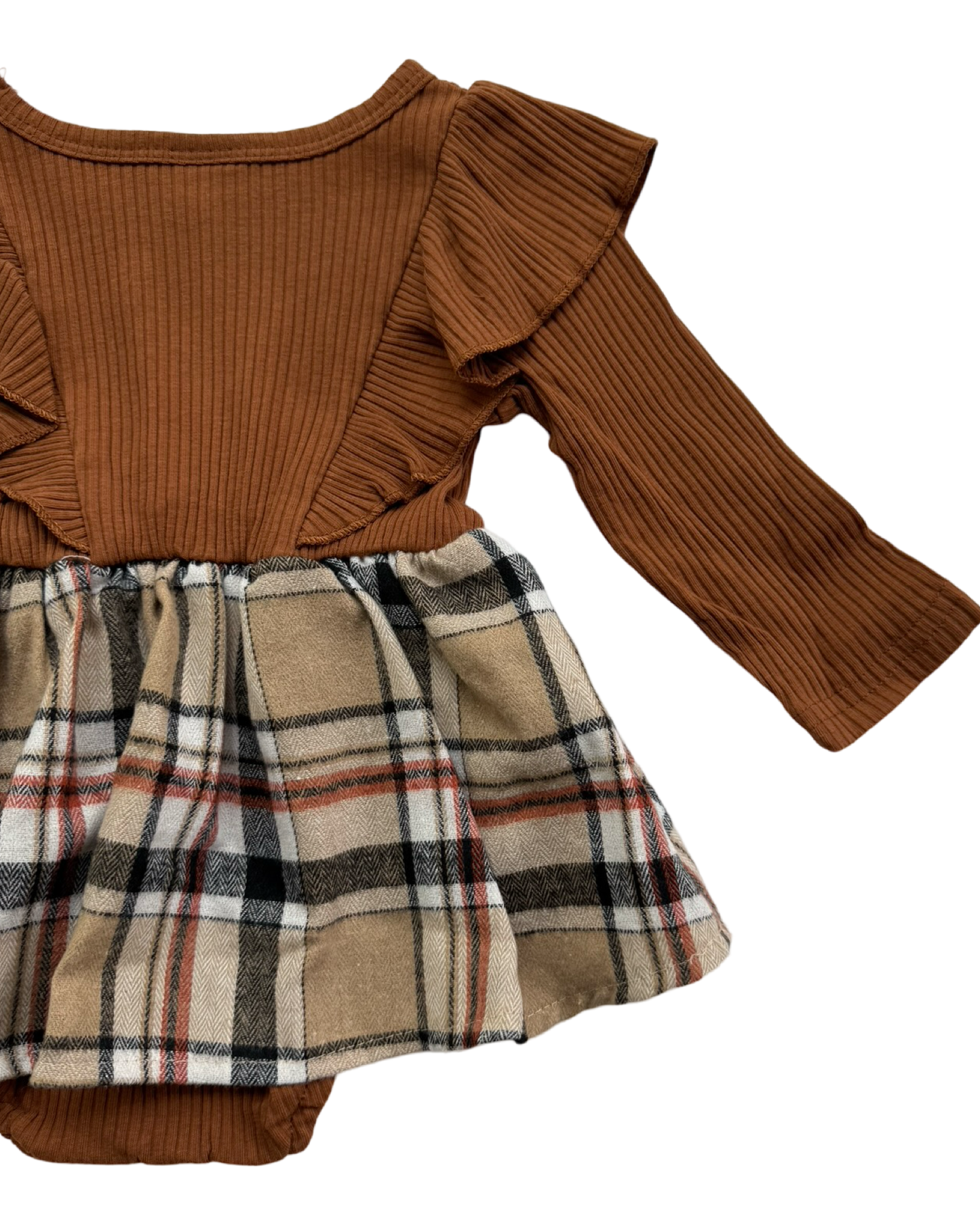 6M-9M Baby Girls Brown Plaid Fall Onesie Dress