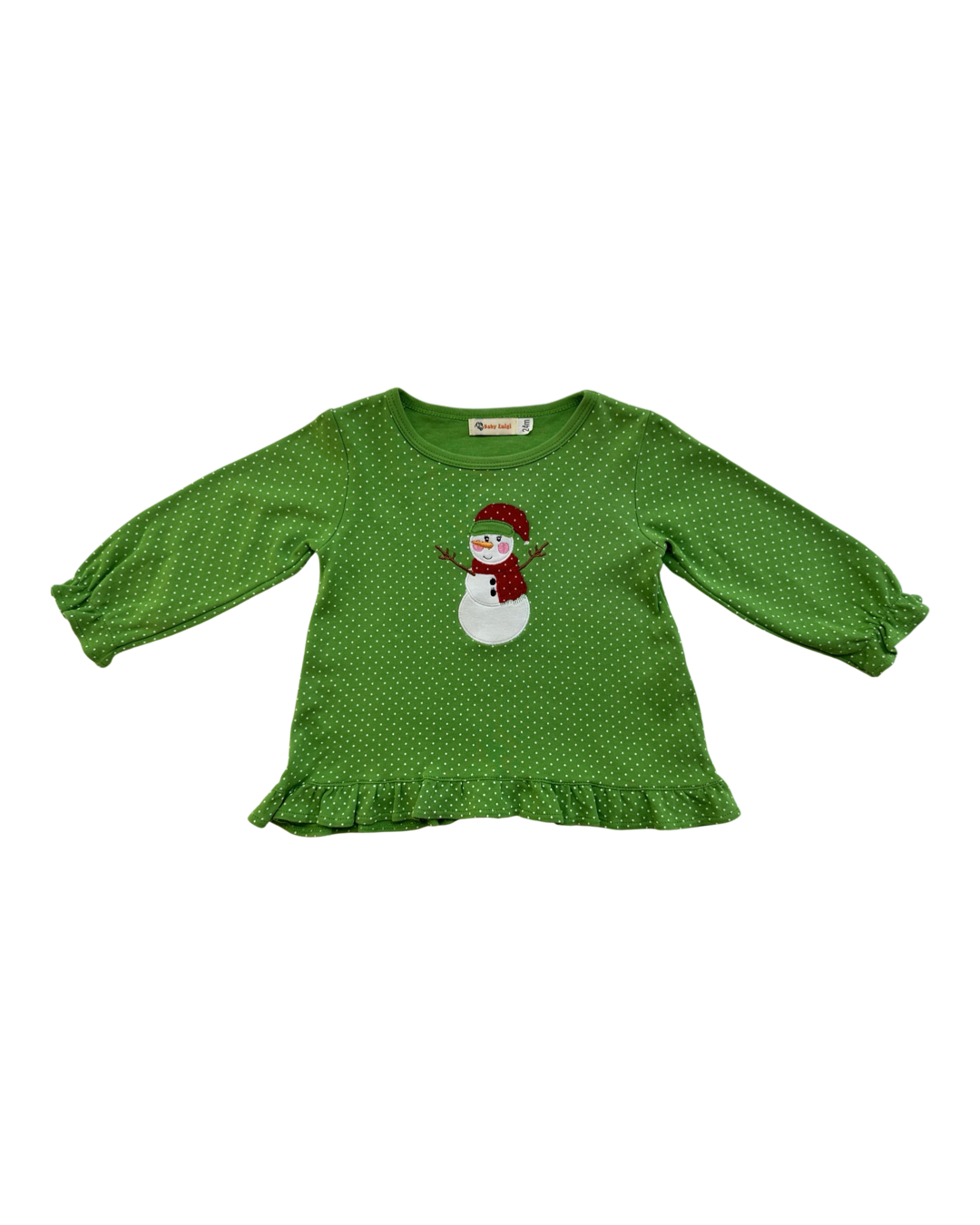 24M Baby Girl Green Polka Dot Luigi Snowman Long Sleeve Shirt