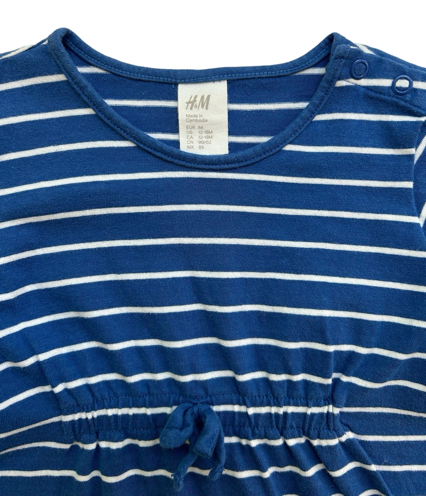12M - 18M Baby Girls H&M Long Sleeved Blue/ White Striped Dress.