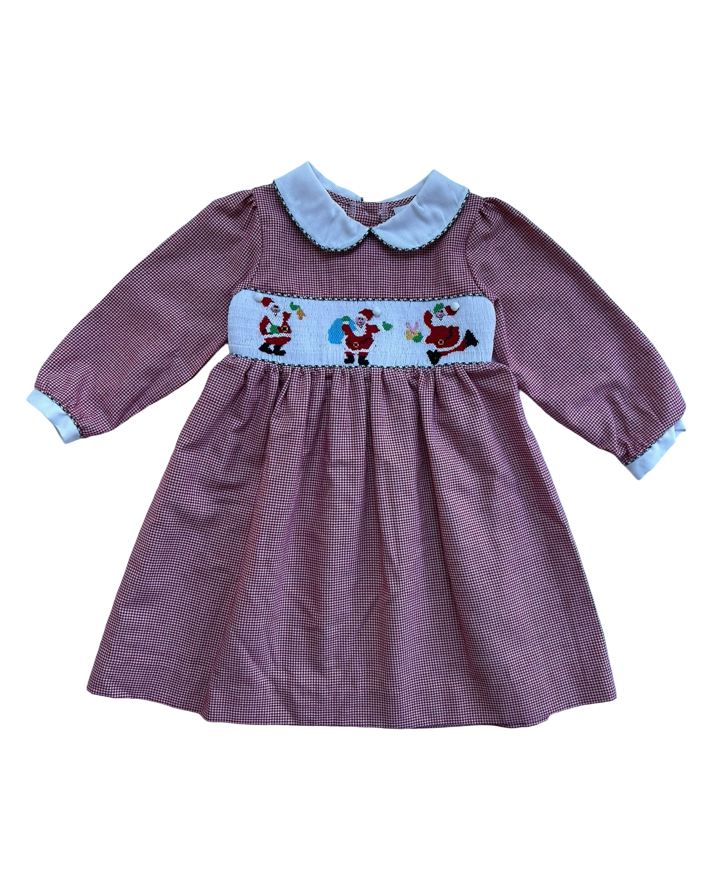 2T Toddler Girls Rare Editions Gingham Christmas Santa Embroidered Long Sleeve Dress