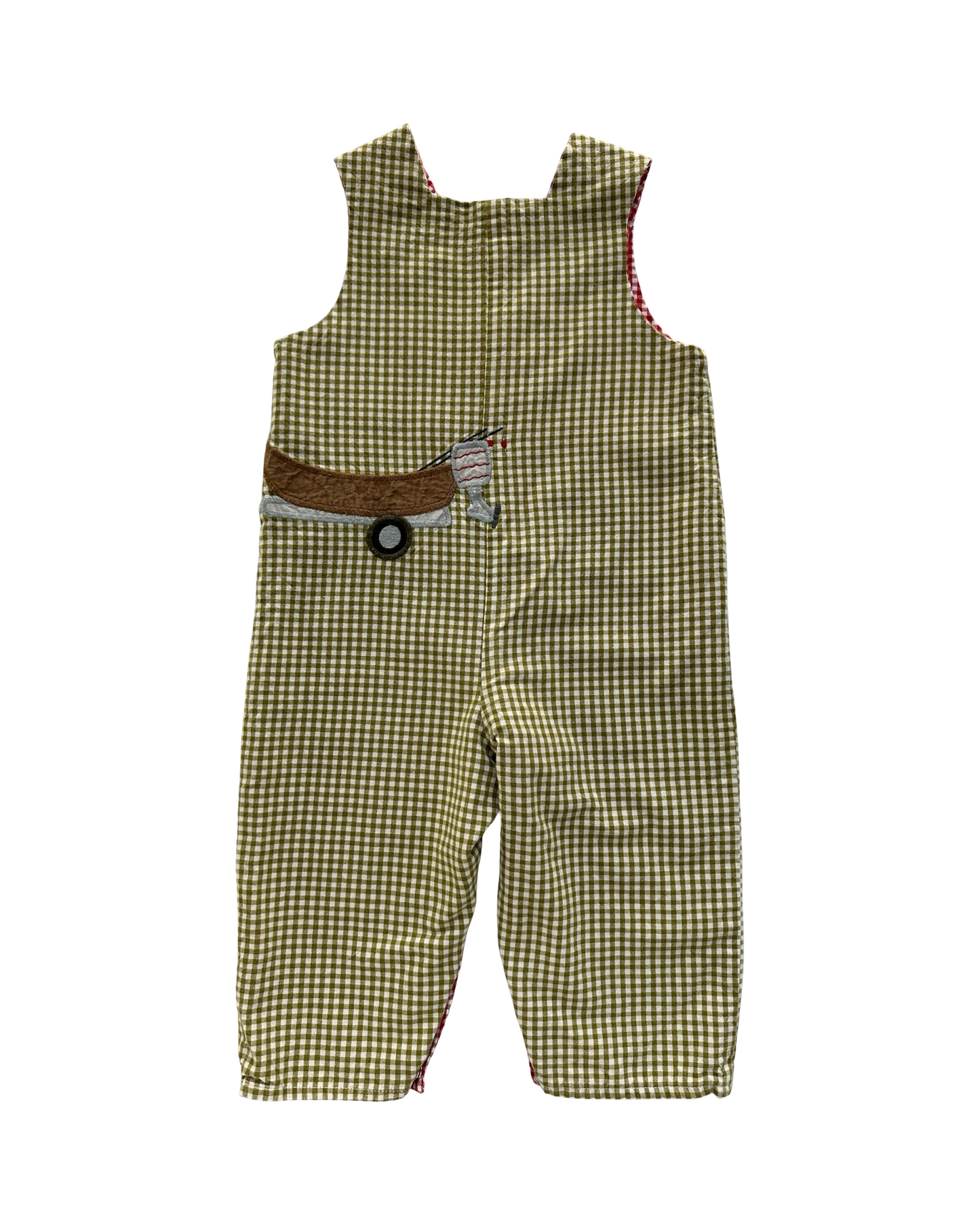 12M Baby Boys The Bailey Boys Gingham Patterned Overall-Romper Reversible Appliqués Camel 🐫 Reverse To Farm Car. One Piece.