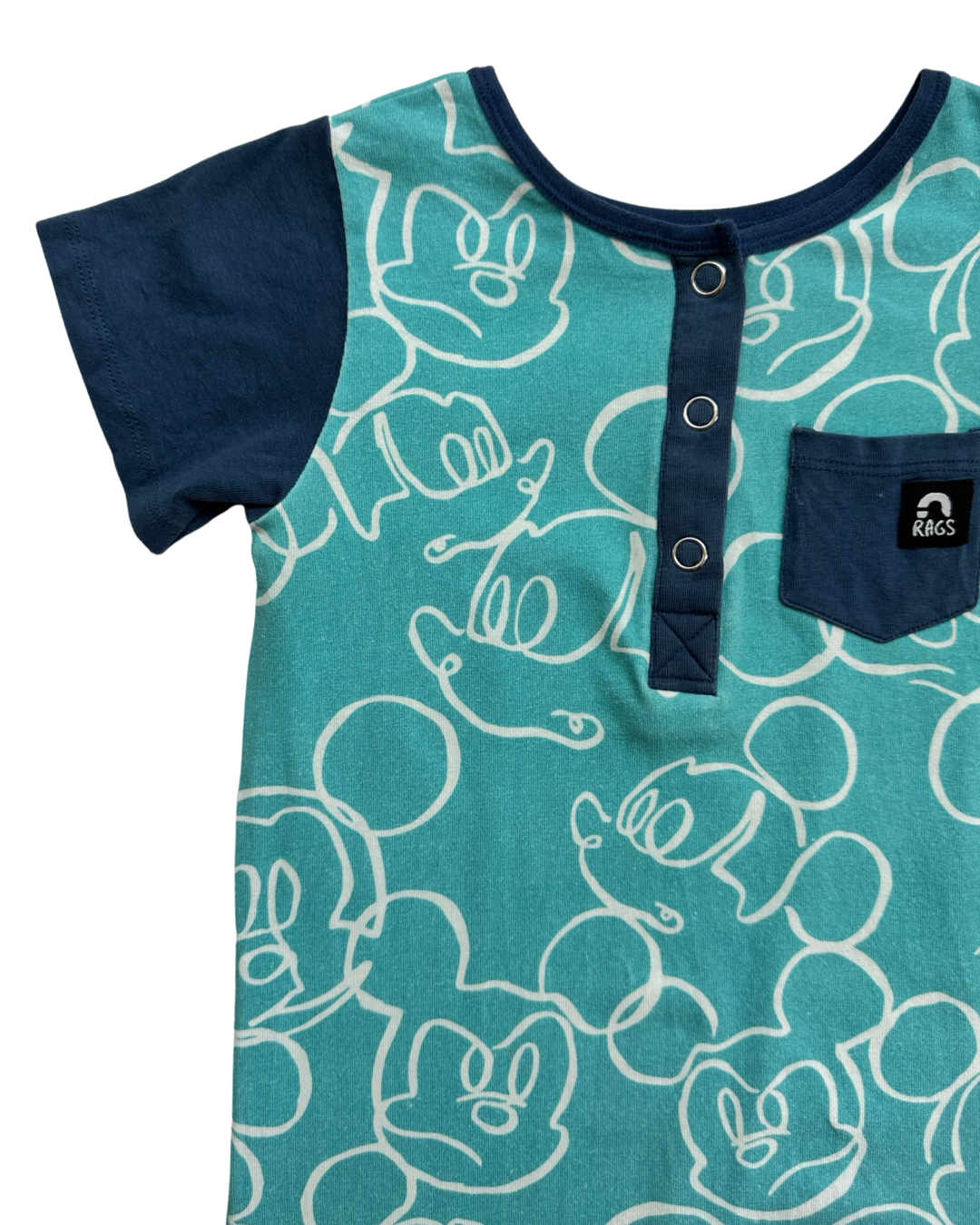 18-24M Baby Boy RAGS to Raches Limited Edition Aqua Disney Mickey Mouse Doodle Romper