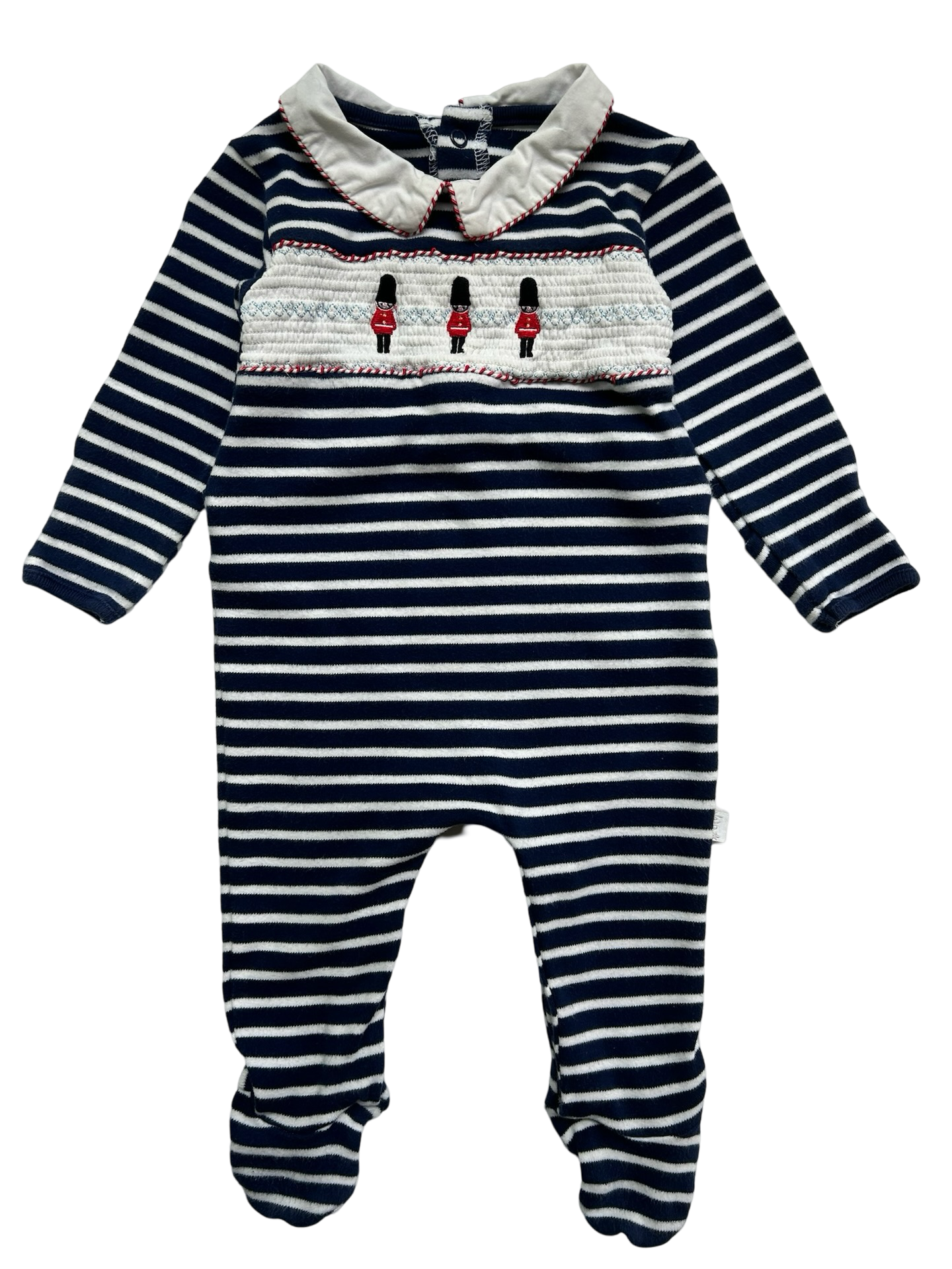 6-9M JoJo MaMan Bébé Baby Boy’s Blue Striped Palace Guards Romper
