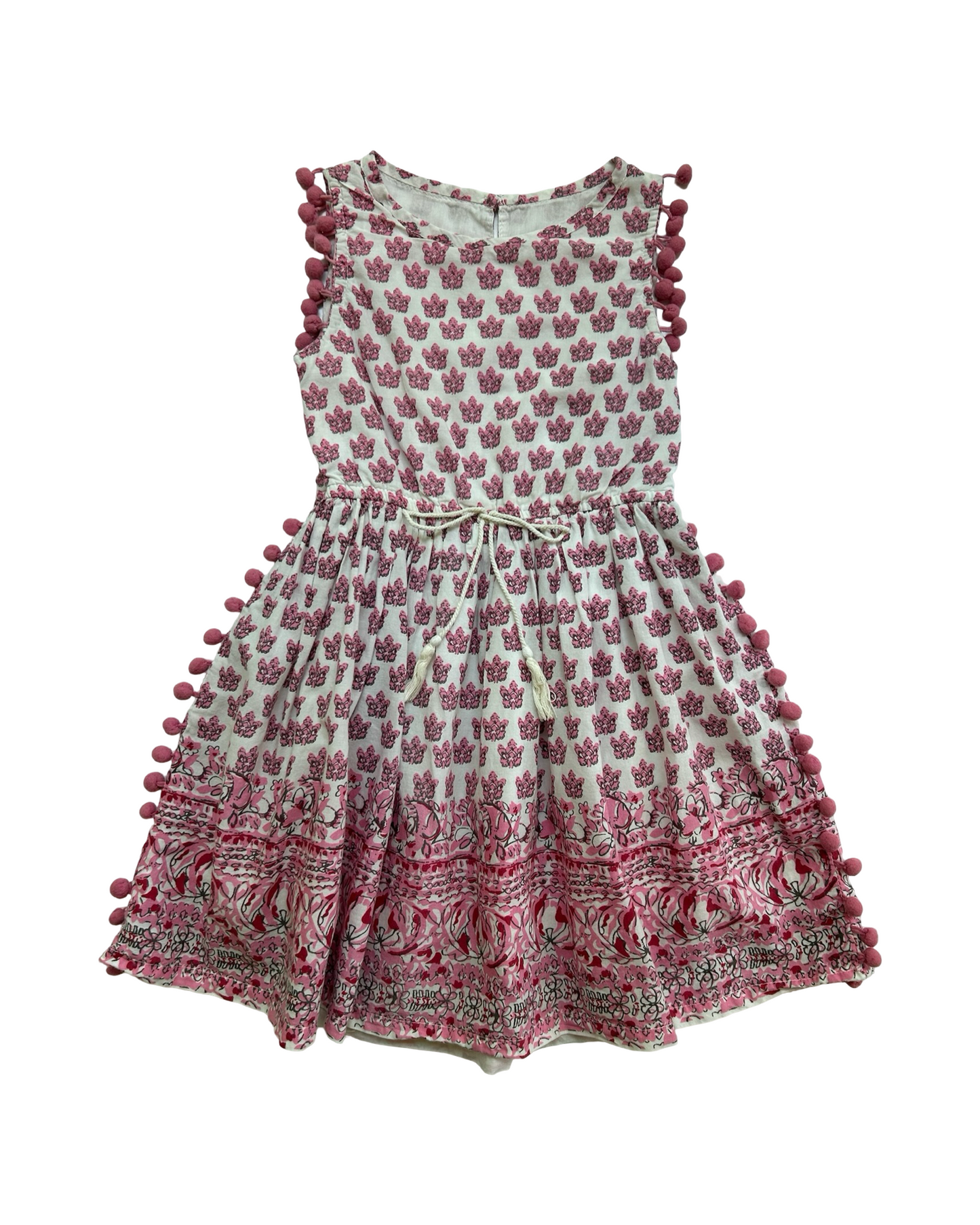 4 Toddler Girls Trade Indian Printed Cotton Dress With Pom - Pom Trim, Cool Dry, Quick Dry