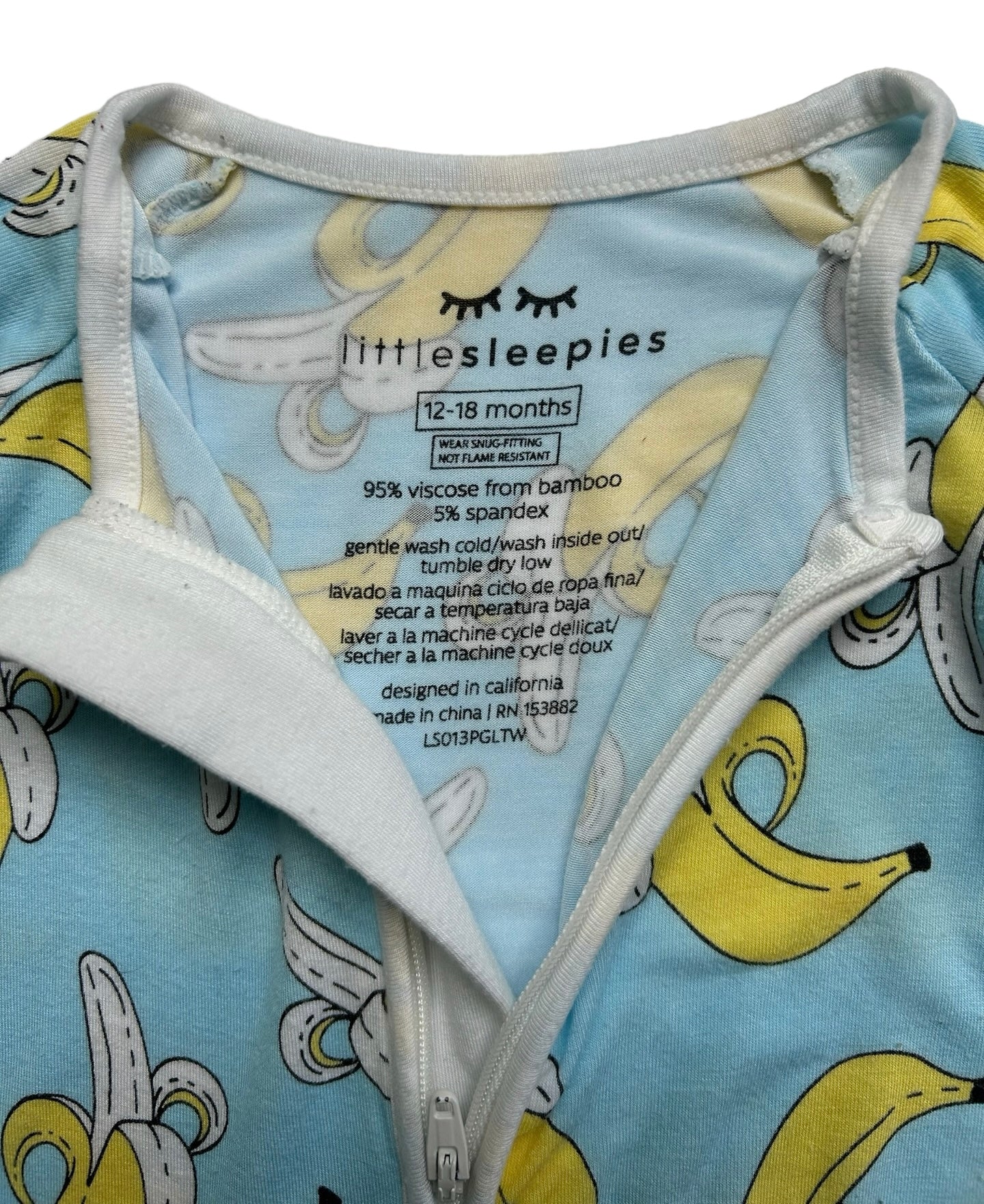 12M - 18M Baby Boy’s Little Sleepies Bananas Bamboo Viscose Zippy PJs, One Piece.