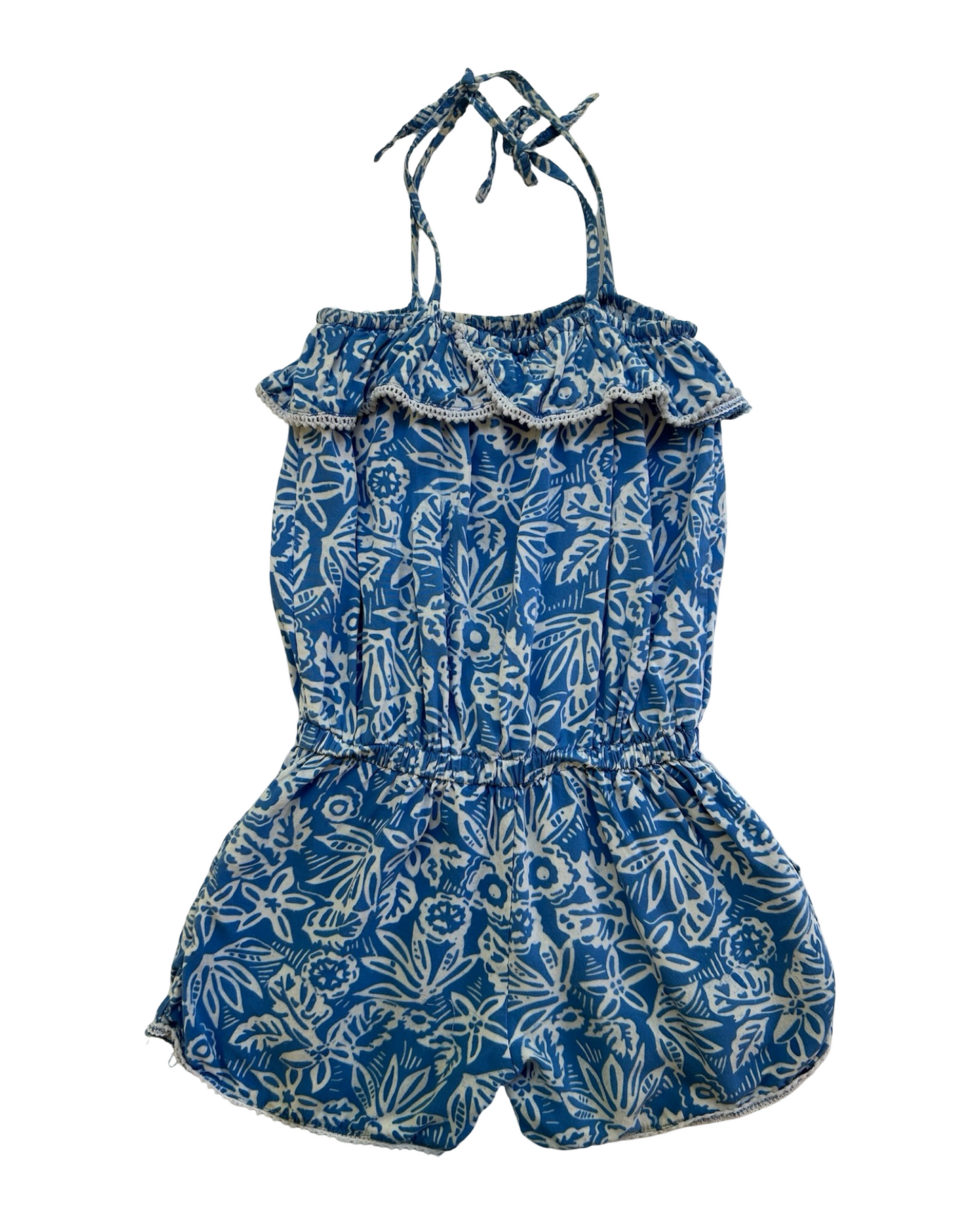 4 Toddlers Girls Blue Ginger Blue Floral Sleeveless With Pockets Romper