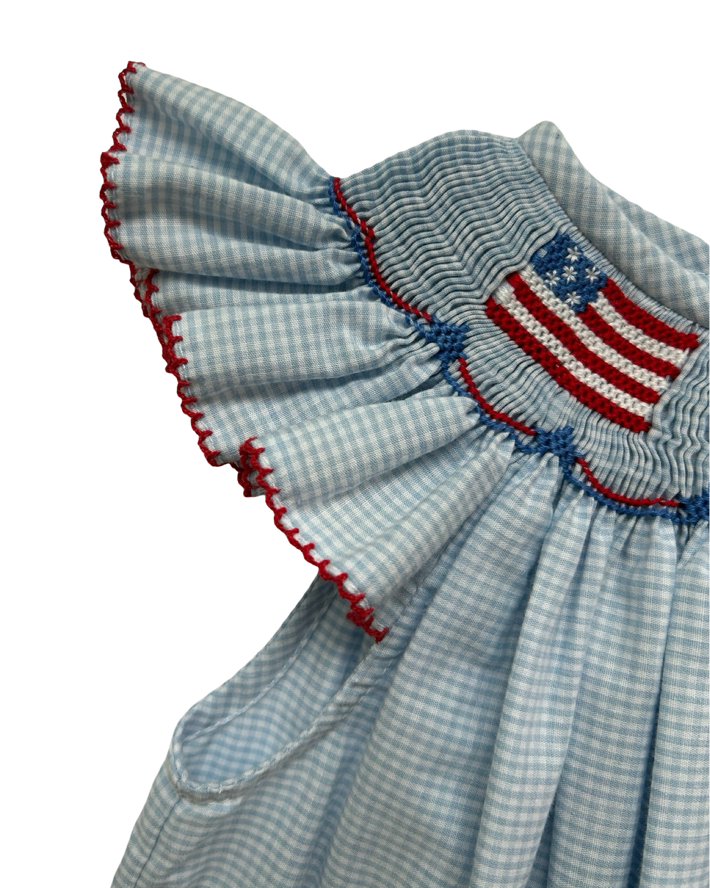 3T Toddlers Girls Southern Sunshine Patriotic Light Blue Gingham Flags 🇺🇸🇺🇸🇺🇸 Smocked And Ruffled Sleeves Dress