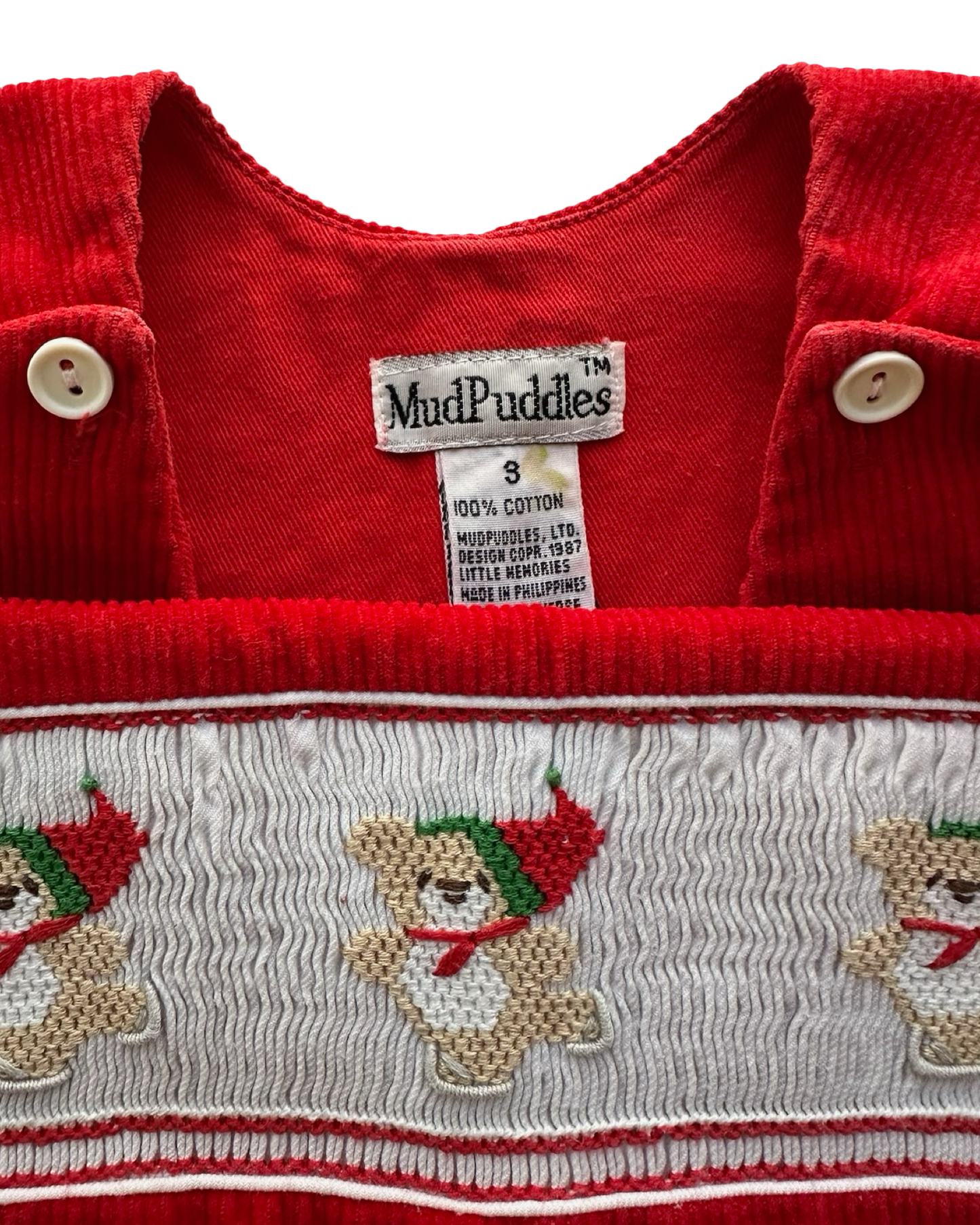 S 12M - 18M Baby Boys MudPuddles Christmas Smocked With Three Embroidered Bears 🐻 Corduroy Romper