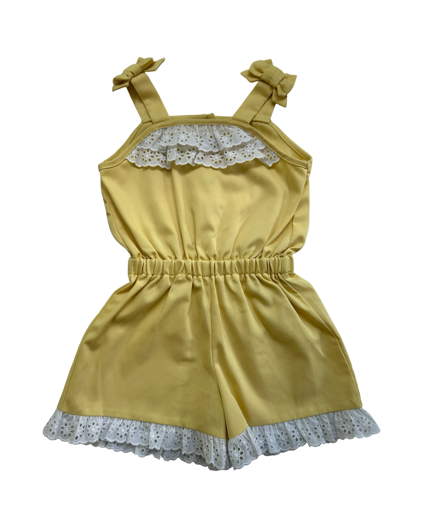 4 Toddlers Girls Little English Yellow Romper With Eyelets Trim.