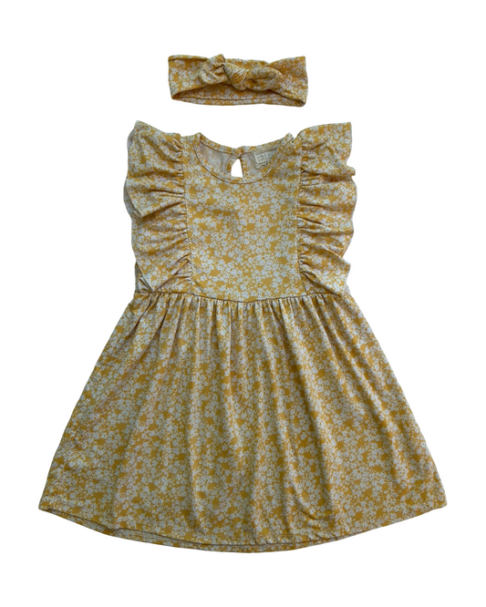 4T Toddler Girls Btween Yellow Floral Ruffle Sleeves With Headband, Dress