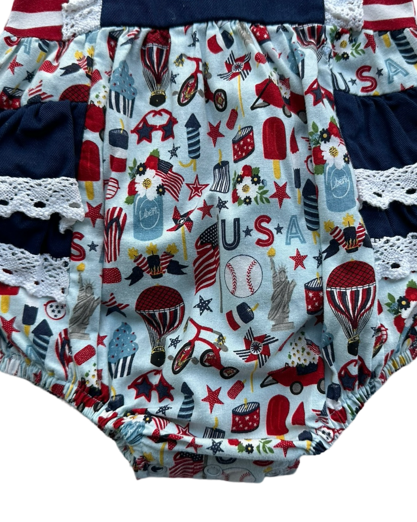 12M Baby Girl Patriotic American Ric Rac & Ruffles Bubble with Monogramed "A"