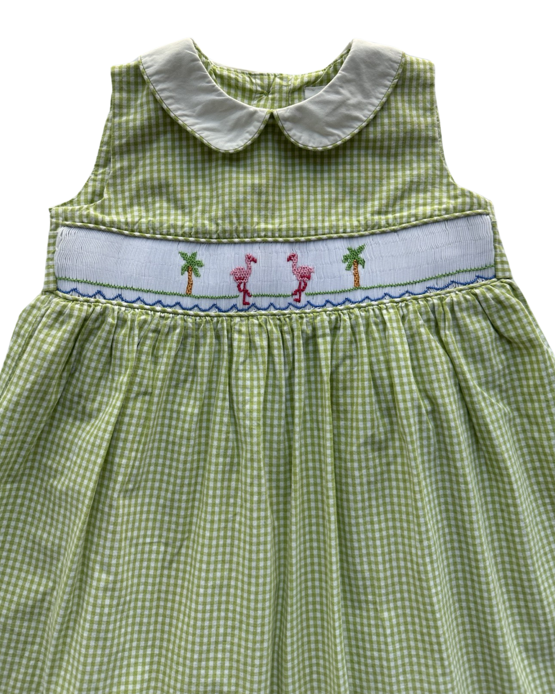 3T Toddler Girl Hartstrings Green Gingham Smocked Flamingo Dress