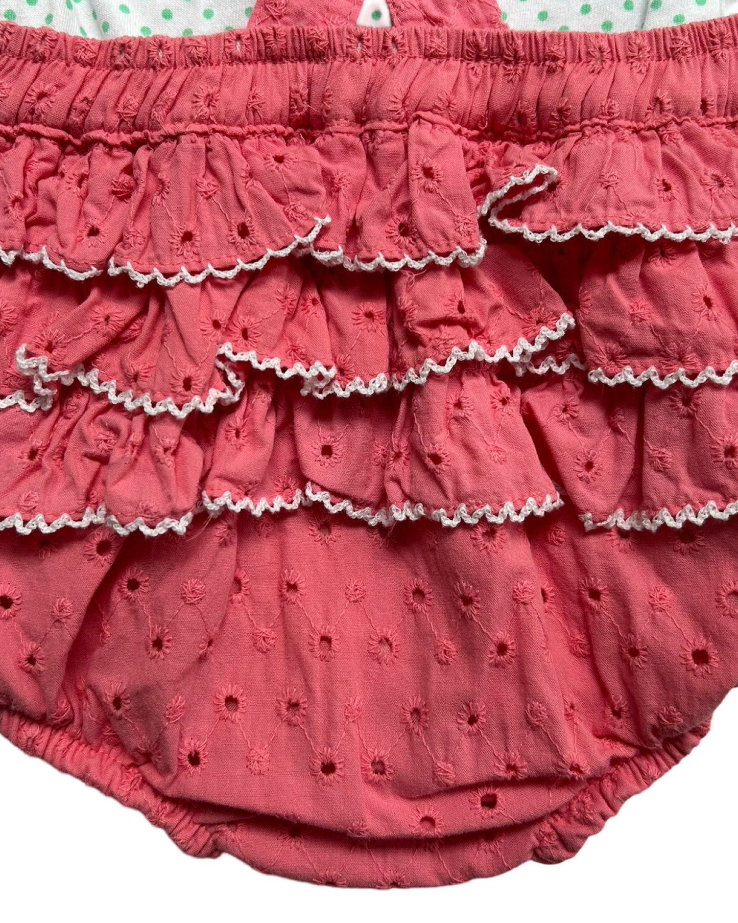 6-9M Baby Girl Pink Nanette Eyelet Rufflebutt Romper with Aqua Polkadot Shirt