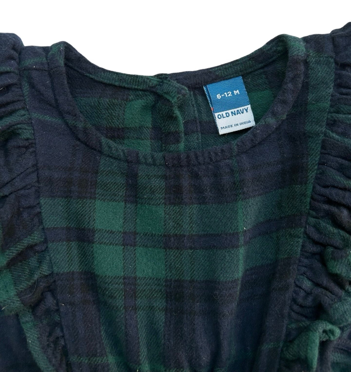 6M-12M Baby Girl Old Navy Green / Blue Plaid Christmas Flannel Bubble Romper One Piece