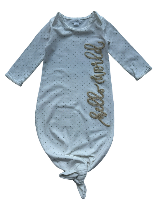 3M-6M Baby Girl MudPie White / Gold “ HELLO WORLD” Sleeper Polka Dot Tie Gown