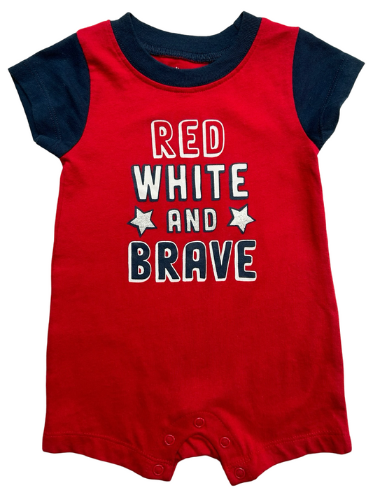 0-3M Baby Boys Celebrate Patriotic Red White ⭐️ BRAVE ⭐️ Printed Romper.