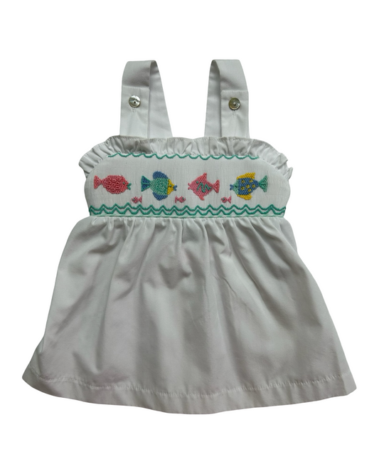 12M Baby Girls Shrimp & Grits Kids Smocked And Embroidered Fish Designs Top / Ruffled Short, 2 Pieces Set.