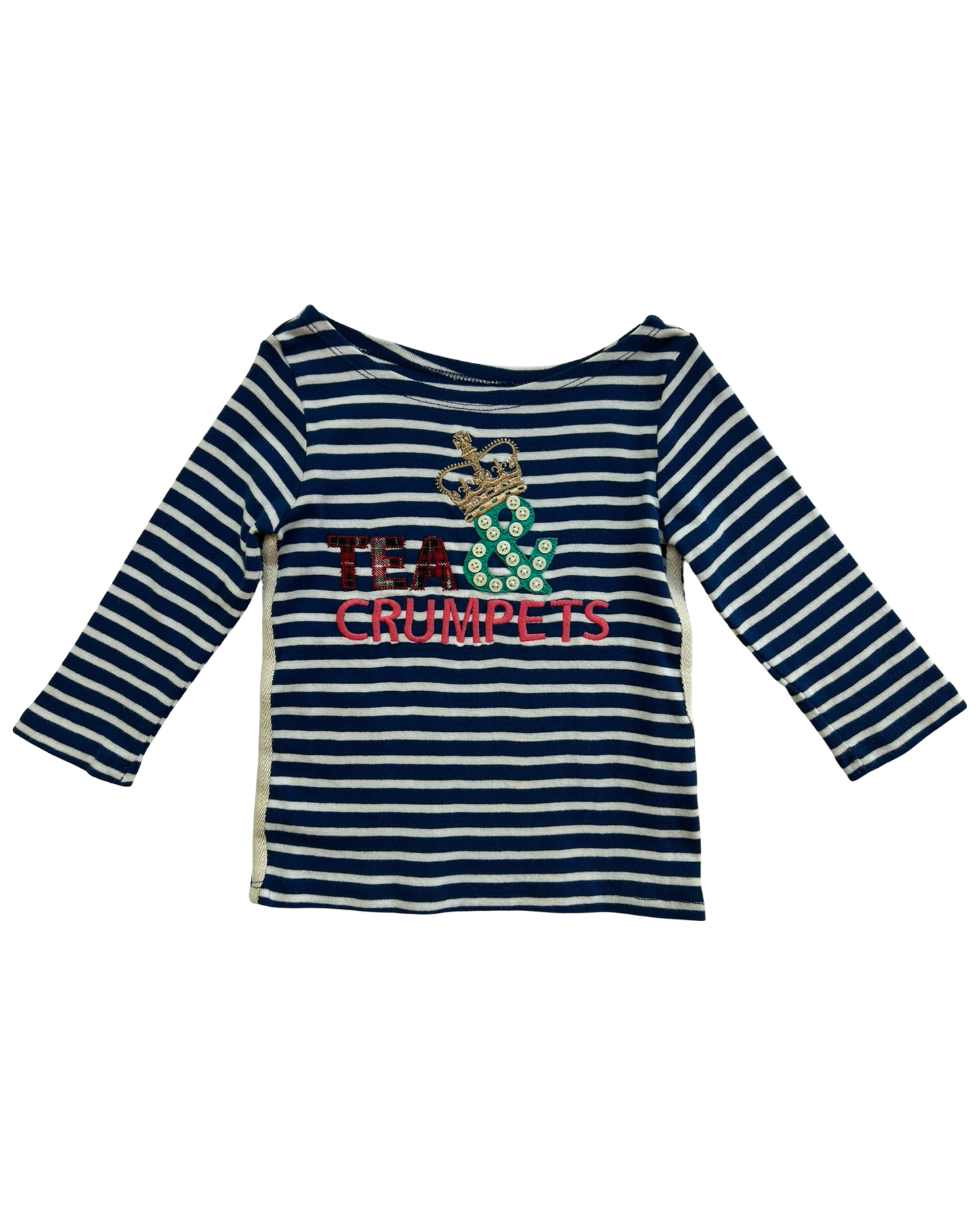 4-5 Toddlers Girls Mini Boden Tea And Crumpets Embellished Breton 3/4 Sleeves Tee Shirt.
