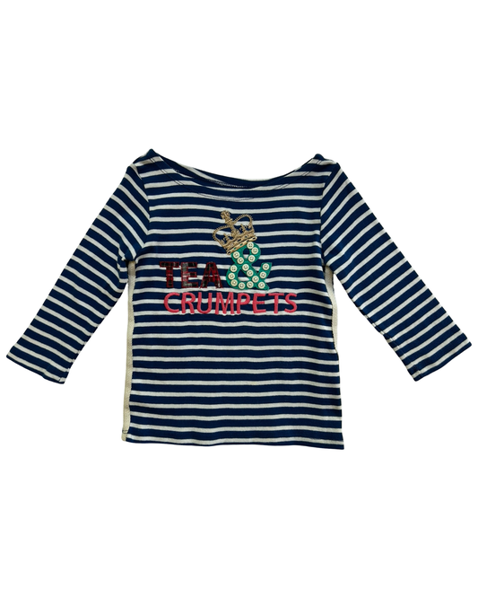 4-5 Toddlers Girls Mini Boden Tea And Crumpets Embellished Breton 3/4 Sleeves Tee Shirt.