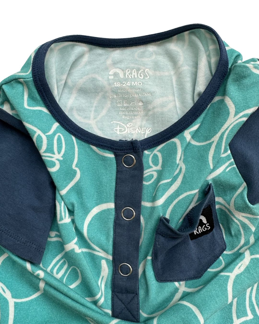 18-24M Baby Boy RAGS to Raches Limited Edition Aqua Disney Mickey Mouse Doodle Romper