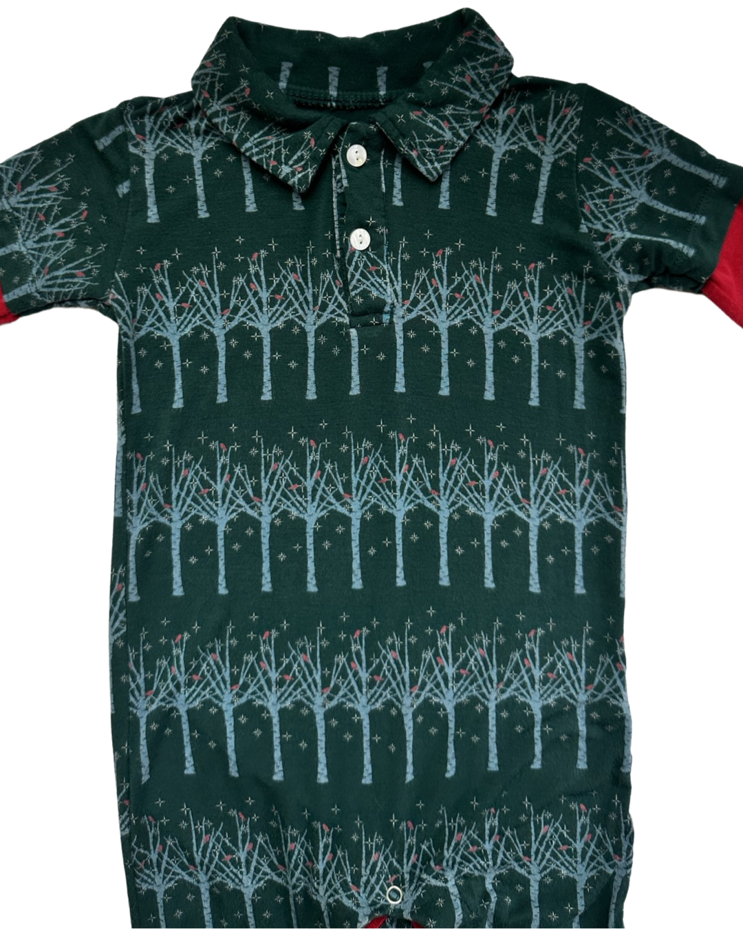 18-24M Baby Boy Bamboo KicKee Pants Green Pine Frosted BirchTree Long Sleeve Polo Romper