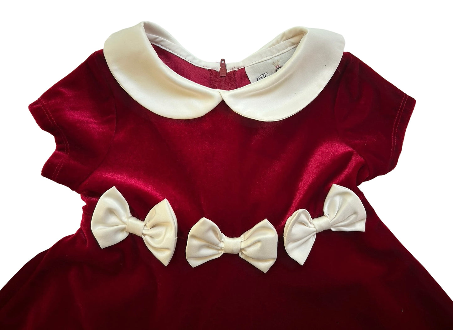 3T Toddler Girl Rare Editions Velvet Red / White Collar Bows Lined Holiday Dress.