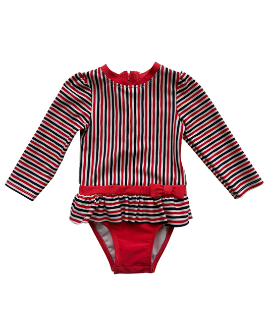 18M  Baby Girls Cat & Jack Long Sleeve Ruffle Zip Snap Striped Swimsuit One Piece.